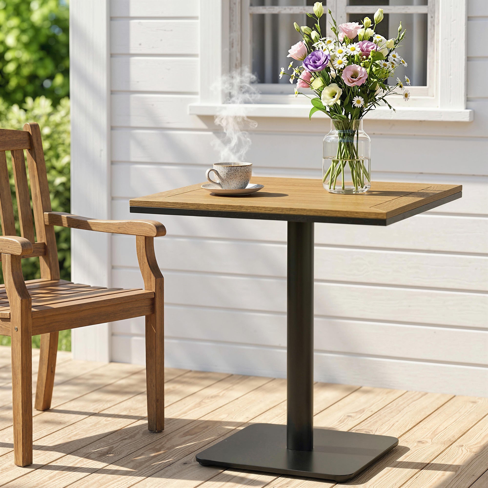 Square Balcony Table 70 x 70 cm (27.6 x 27.6 in) — 74 cm (29.1 in) High, Wood-Look WPC Top & Metal Frame, 30 kg (66 lb) Capacity — Natural Wood
