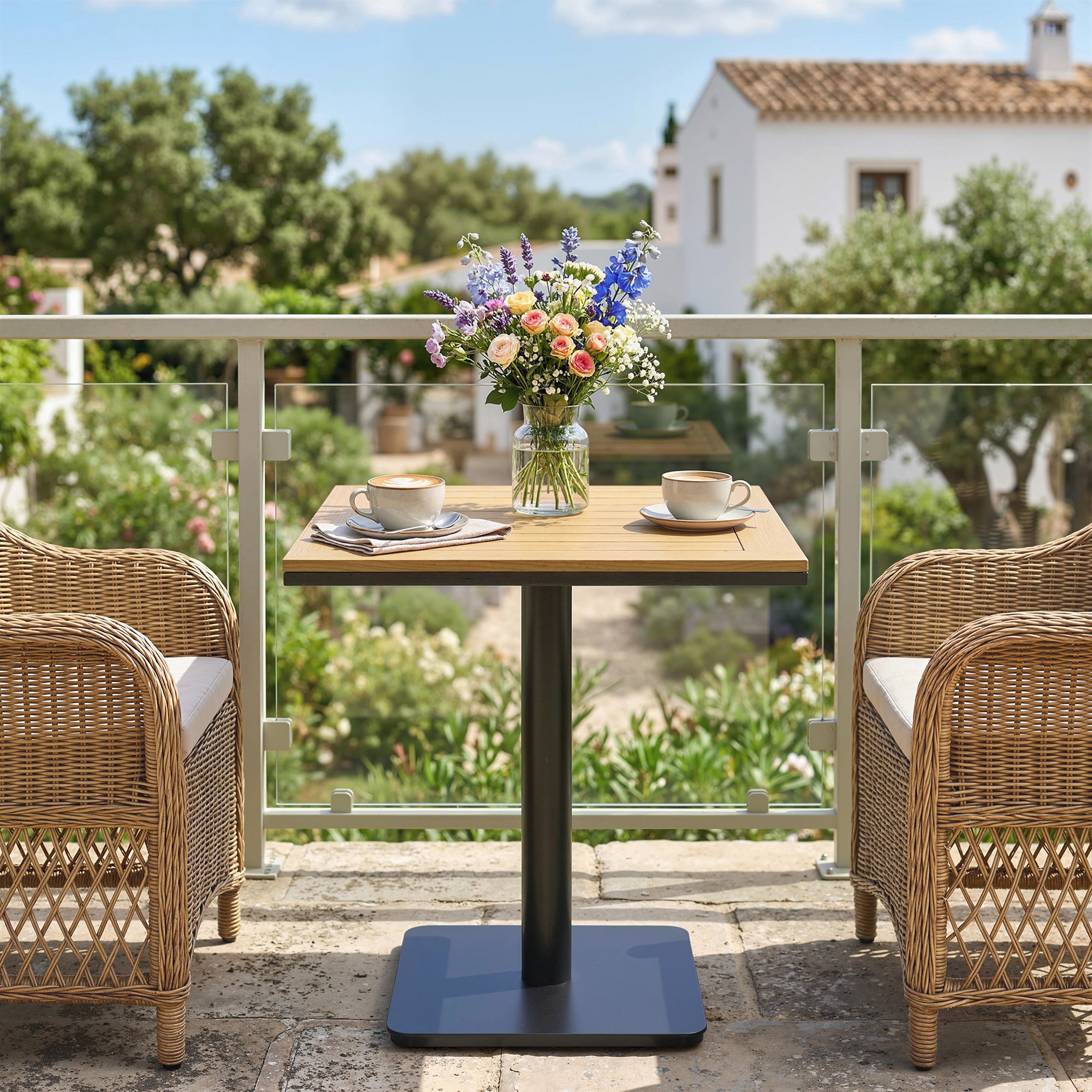 Square Balcony Table 70 x 70 cm (27.6 x 27.6 in) — 74 cm (29.1 in) High, Wood-Look WPC Top & Metal Frame, 30 kg (66 lb) Capacity — Natural Wood