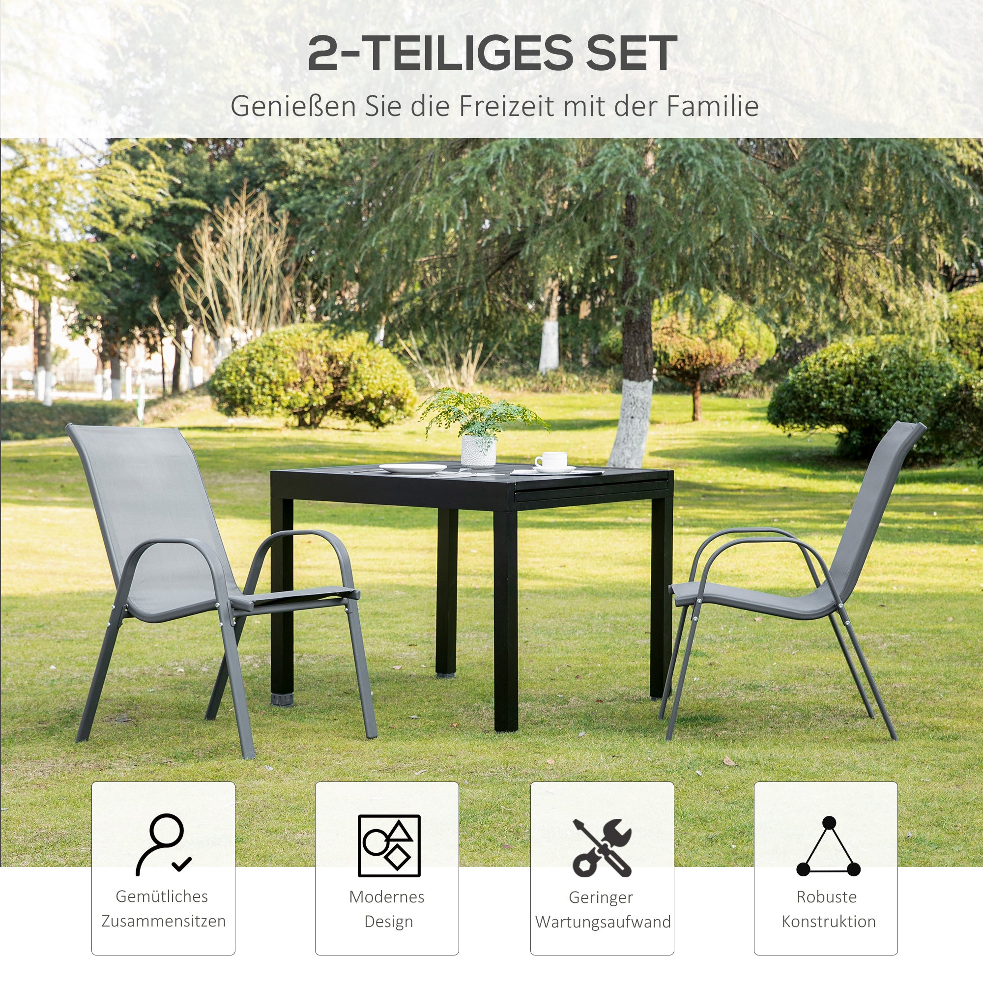 Garden Chair 2-Piece Set Weather-Resistant Stackable Garden Chairs with Armrest High Backrest Patio Chair Up to 120 kg Load Capacity Outdoor Furniture for Backyard, Garden, Balcony Gray