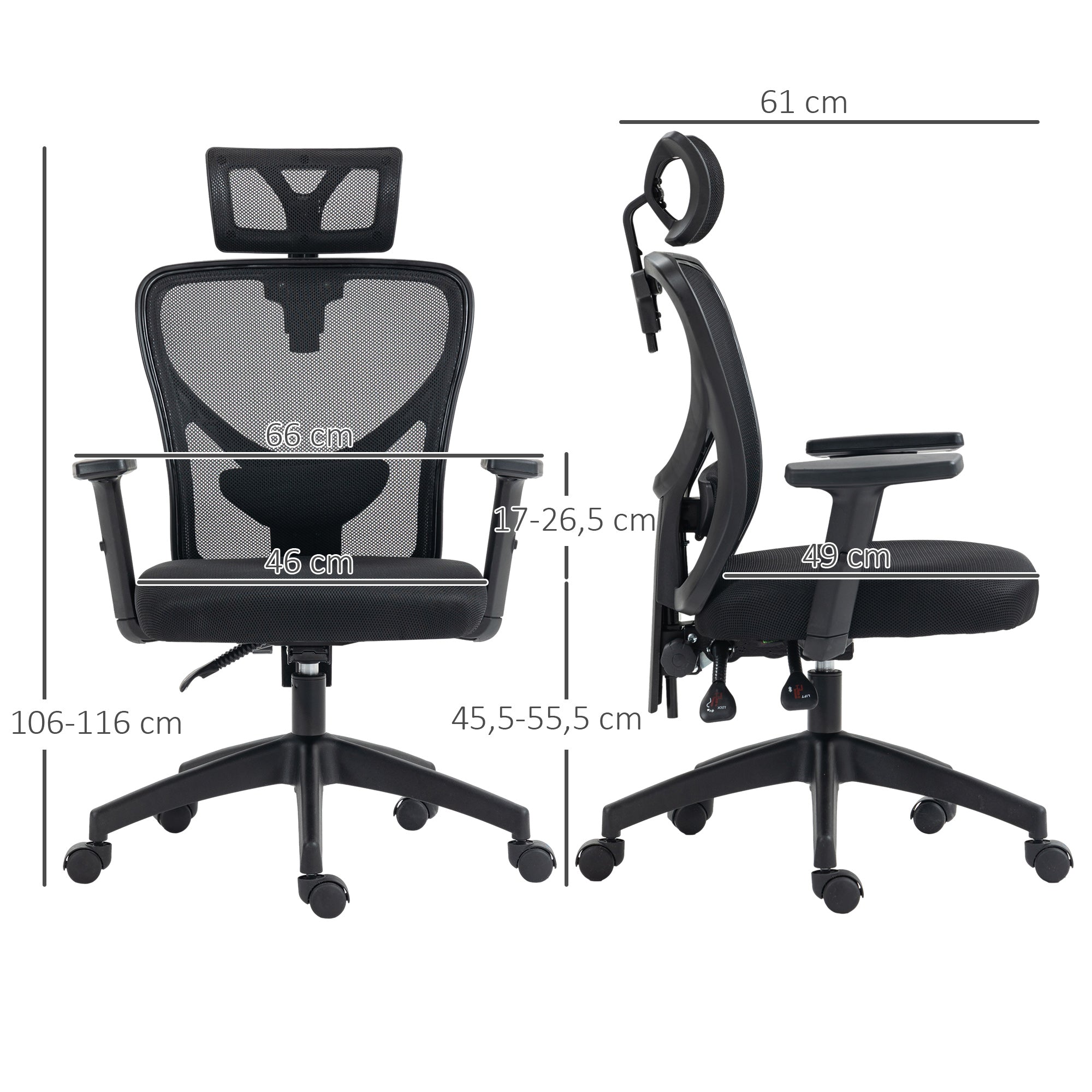 Office Chair, Office Chair, Adjustable Headrest and Armrests, Tiltable Ergonomic Backrest, Height Adjustable Seat, Swivel, Breathable Mesh Fabric, Black