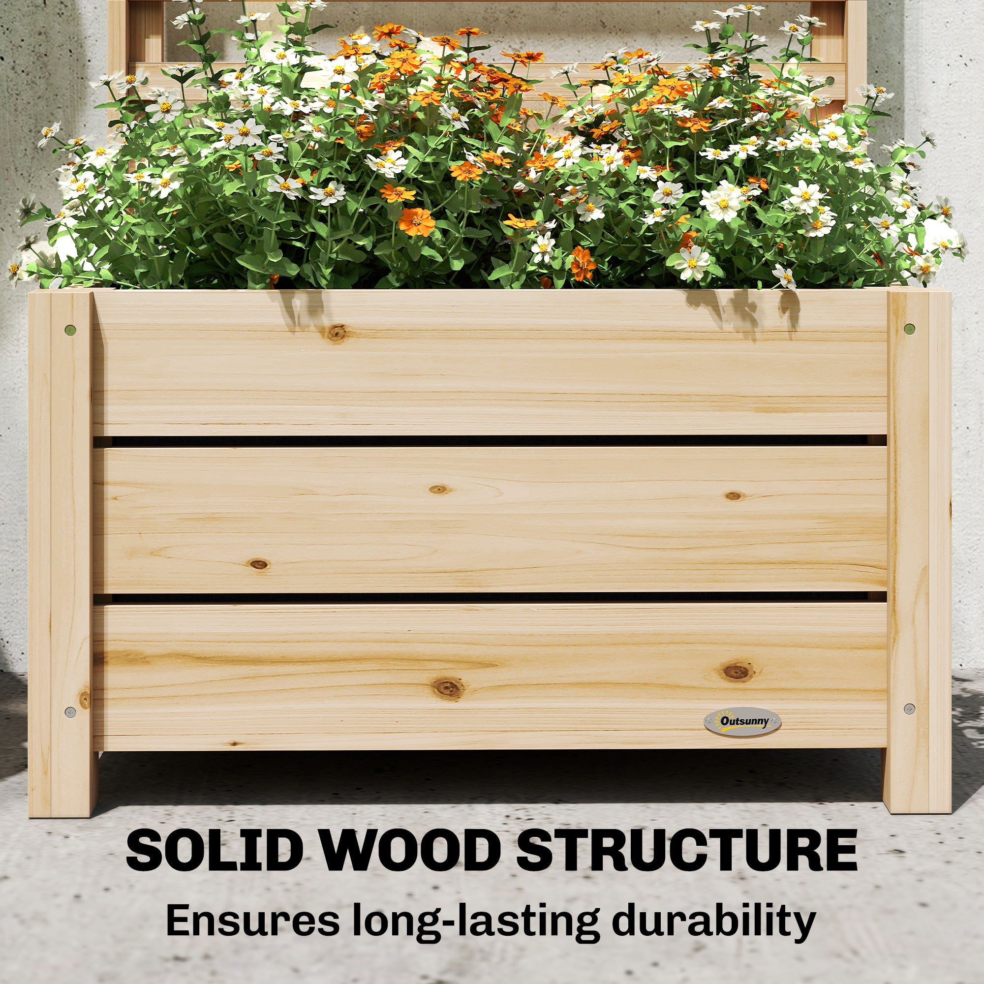 Raised Planter with Trellis — Natural Spruce Wood, Drainage Hole, Non-Woven Liner, 60 x 39 x 120 cm (23.6 x 15.4 x 47.2 in)