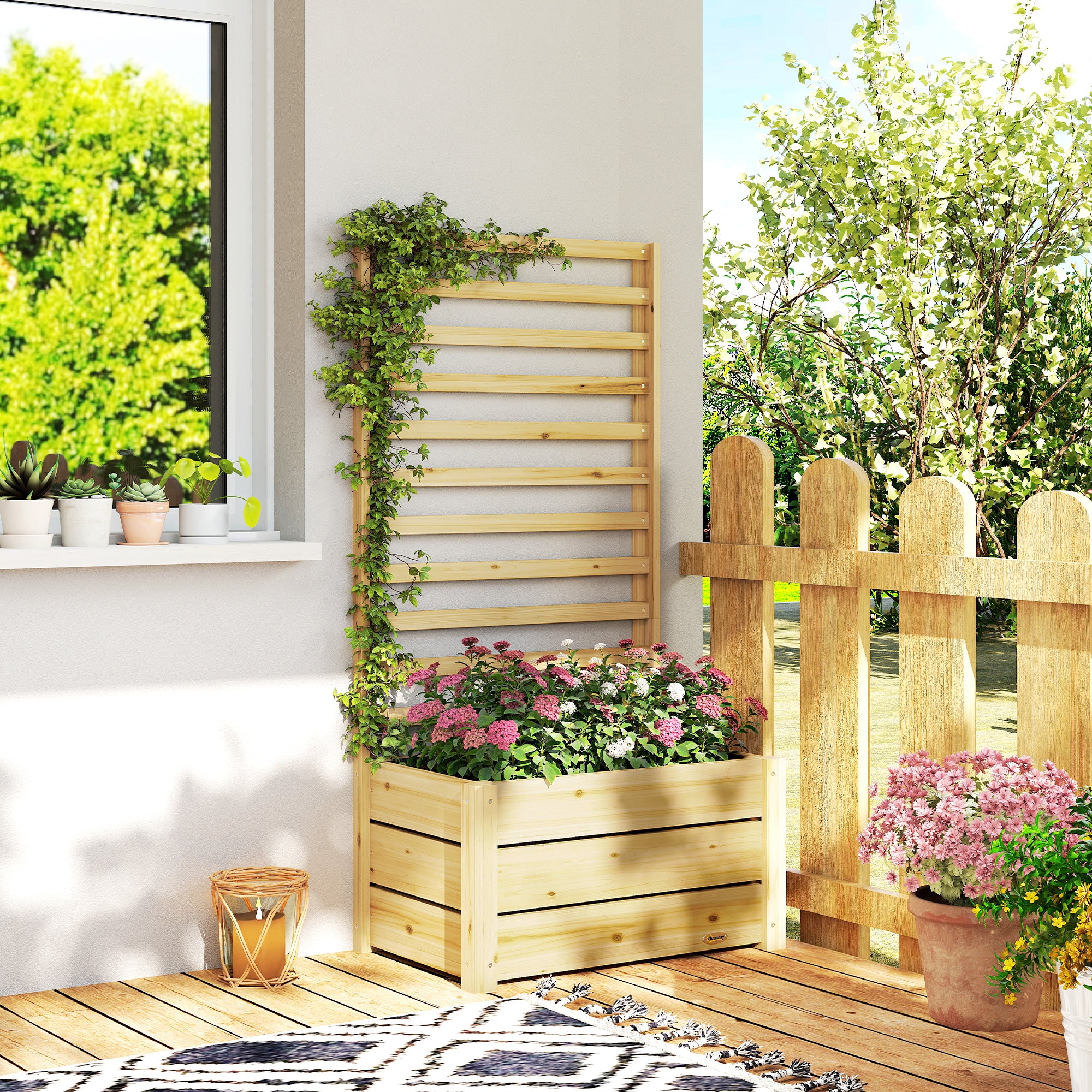 Raised Planter with Trellis — Natural Spruce Wood, Drainage Hole, Non-Woven Liner, 60 x 39 x 120 cm (23.6 x 15.4 x 47.2 in)