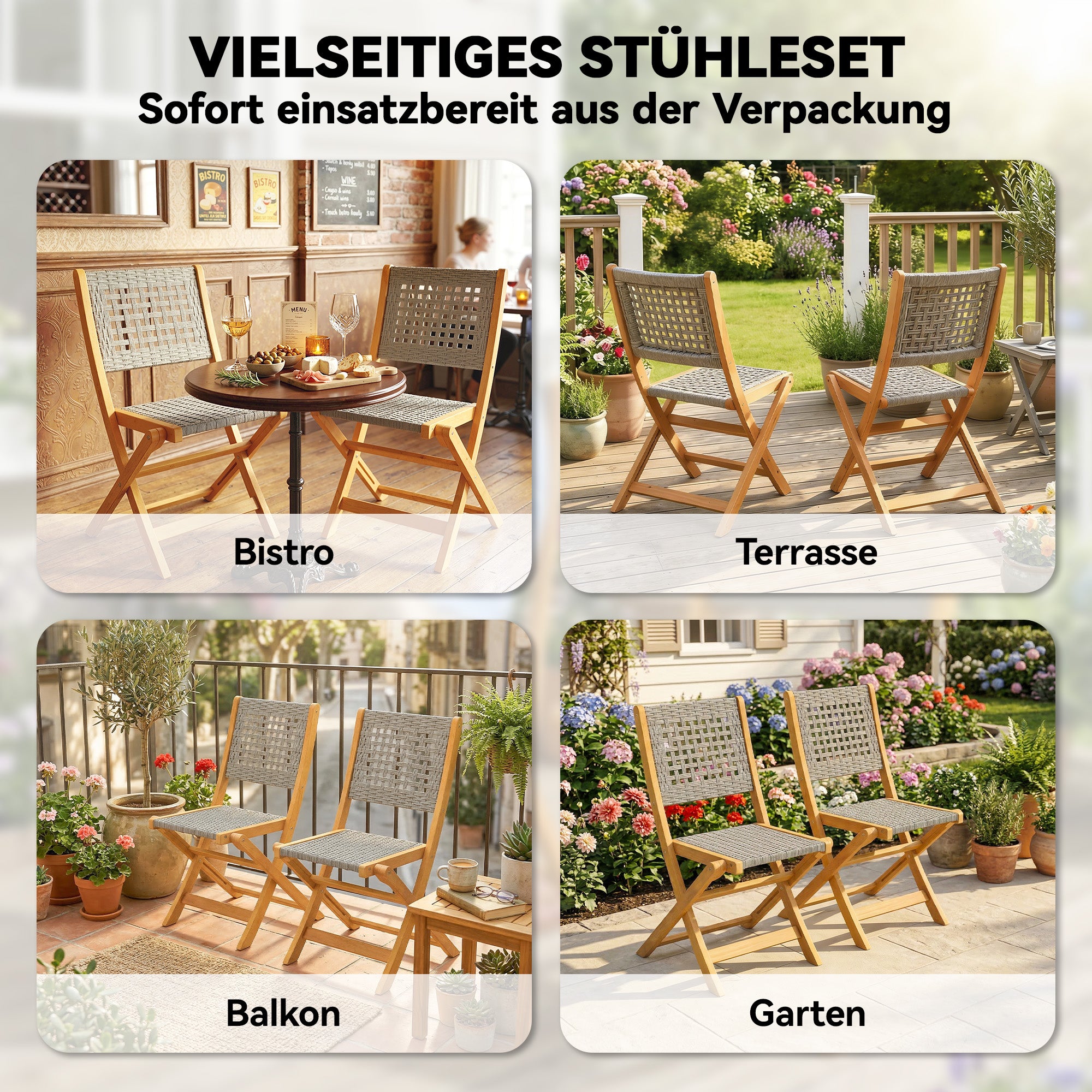Garden Chairs 2-Pack — FSC Folding Acacia Chairs with Breathable Seat, Solid Wood & Polyrattan Balcony Set, Gray