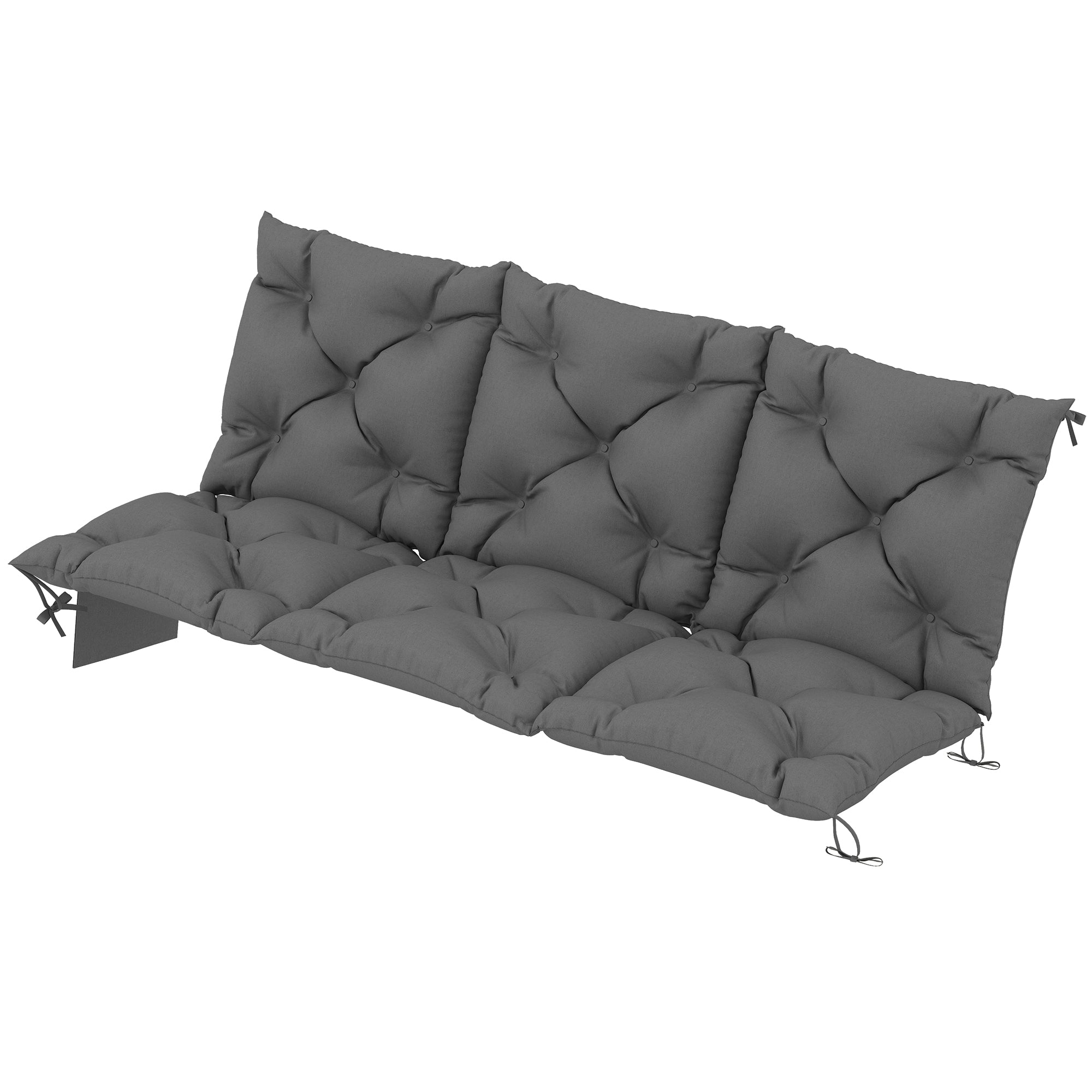 3-Seater Outdoor Bench Cushion 150 x 100 x 10 cm (59.1" x 39.4" x 3.9") — Tufted Seat & Back, Water-Repellent Polyester, UPF 30+, Straps & Side Pocket — Dark Gray