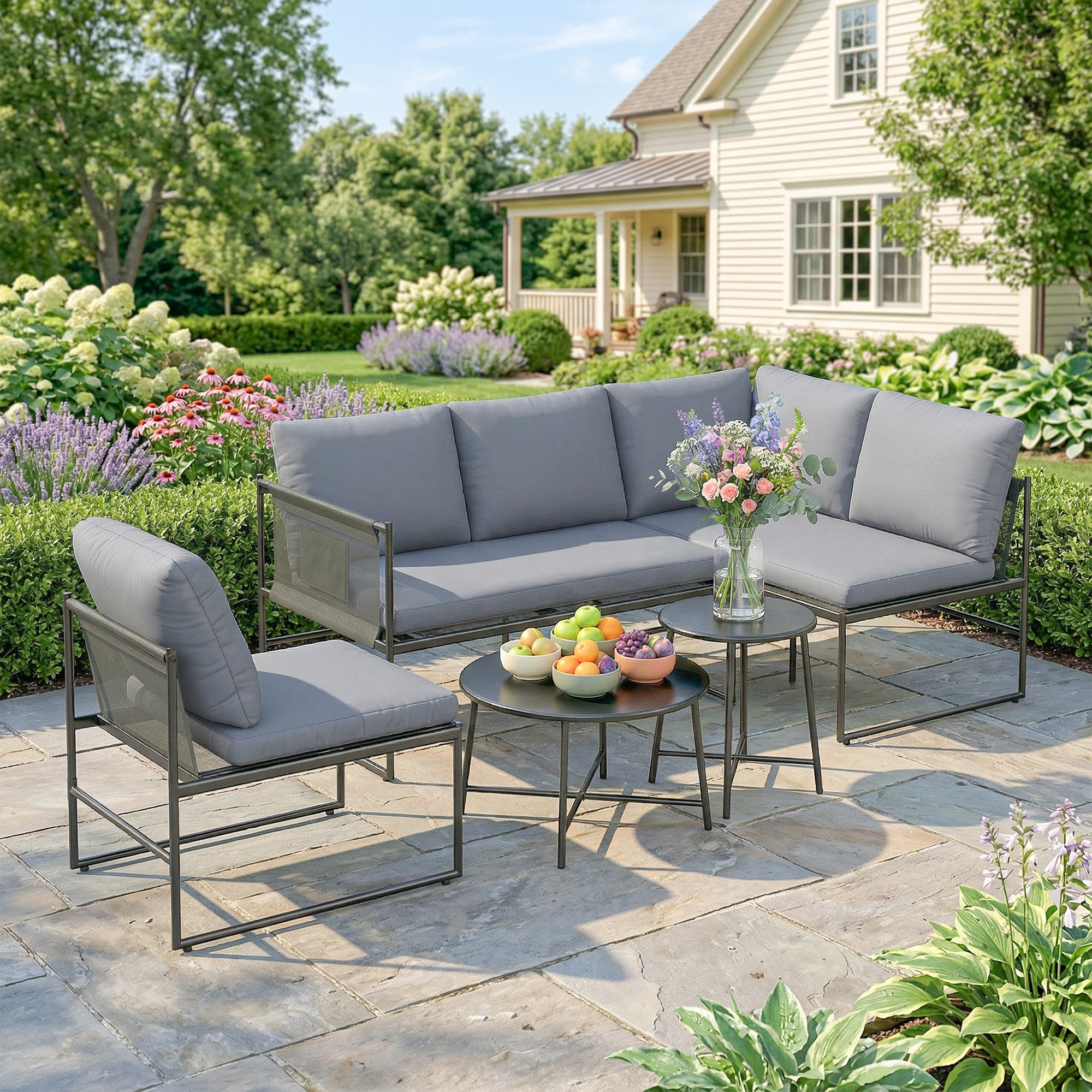 5-Piece Outdoor Lounge Set for 4–5 – Modular L-Shaped Sofa, Armless Chair, 2 Coffee Tables, Washable Cushions, Breathable Mesh Seats – Dark Gray