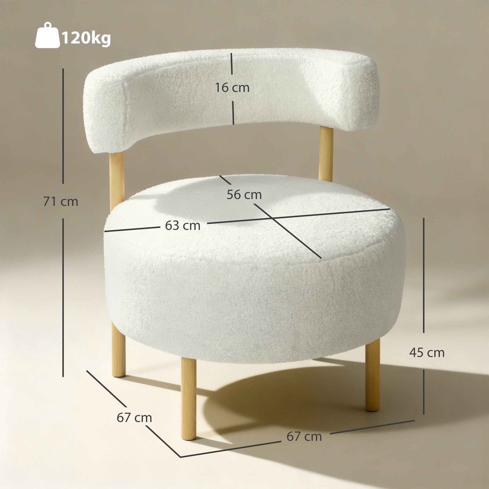 Sherpa-Fleece Lounge Chair with Wood‑Effect Metal Legs — Padded Accent Chair for Living Room & Bedroom, Cream
