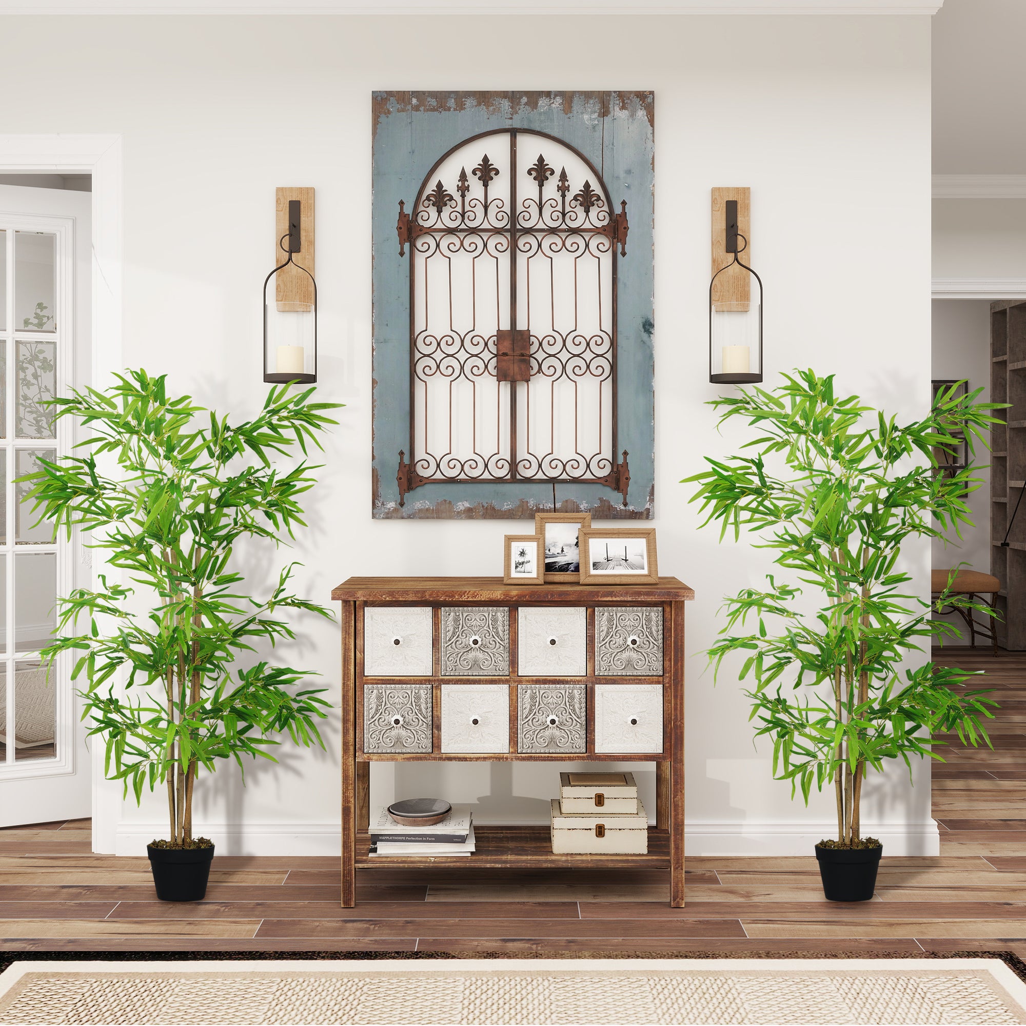 Set of 2 Artificial Bamboos Height 1.5 m 644 Realistic Dense Leaves Pot Included Black with Green Lichen