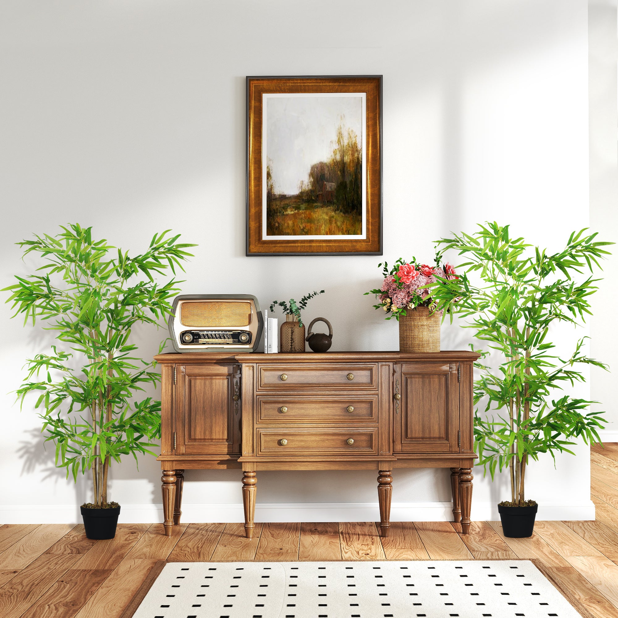 Set of 2 Artificial Bamboos Height 1.5 m 644 Realistic Dense Leaves Pot Included Black with Green Lichen
