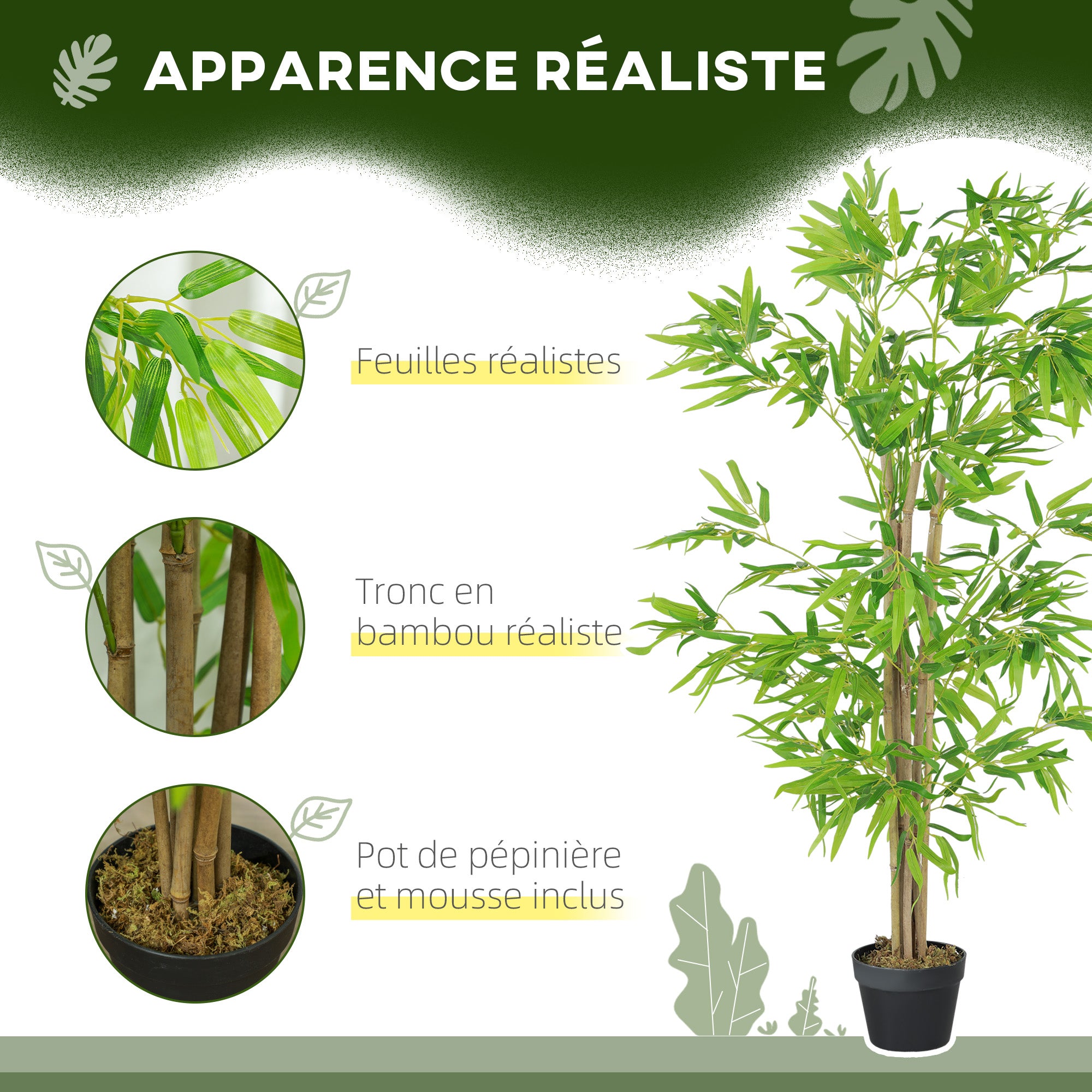 Set of 2 Artificial Bamboos Height 1.5 m 644 Realistic Dense Leaves Pot Included Black with Green Lichen