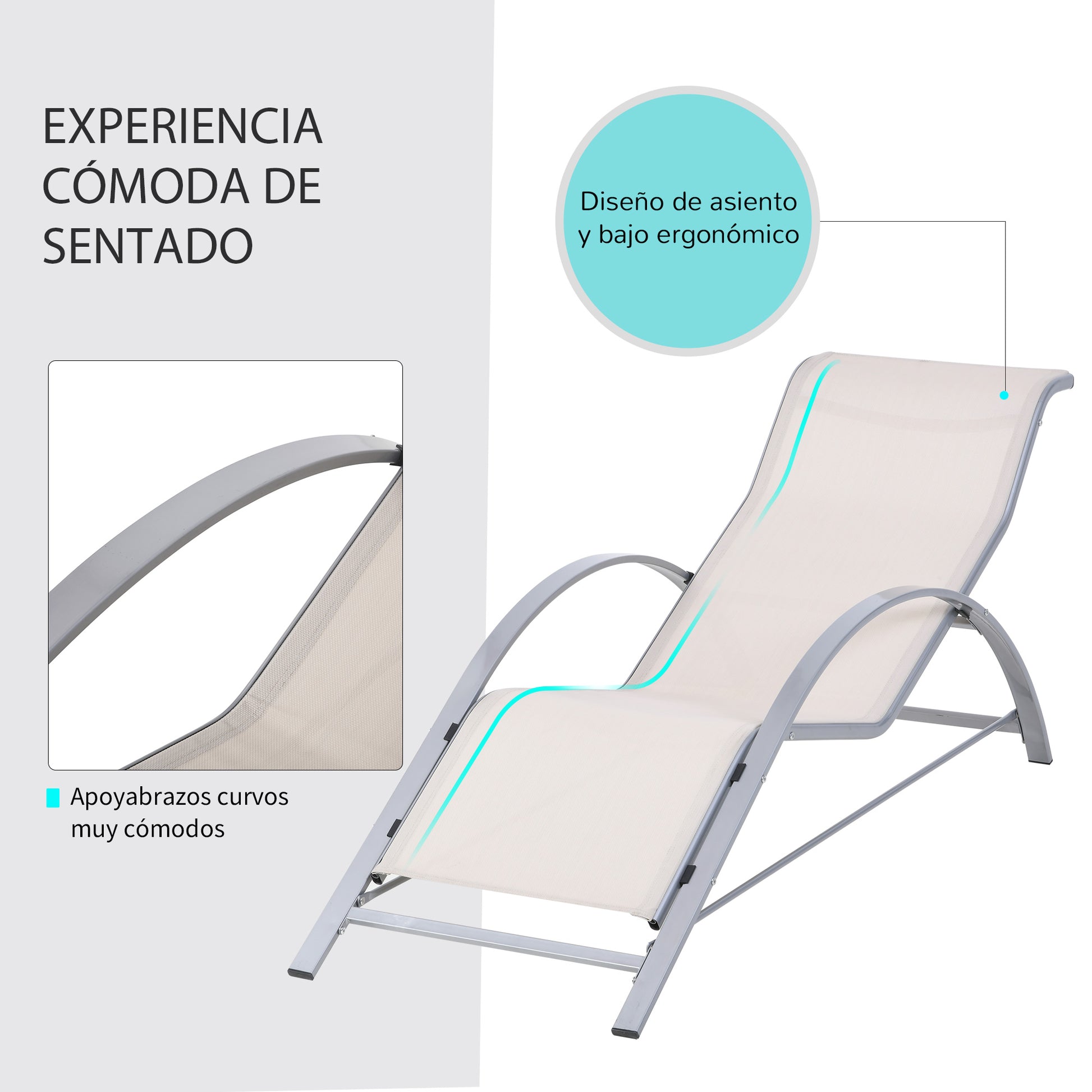 Set of 2 Garden Loungers with Tempered Glass Side Table Loungers with Backrest Armrests for Outdoor Patio Poolside Beige