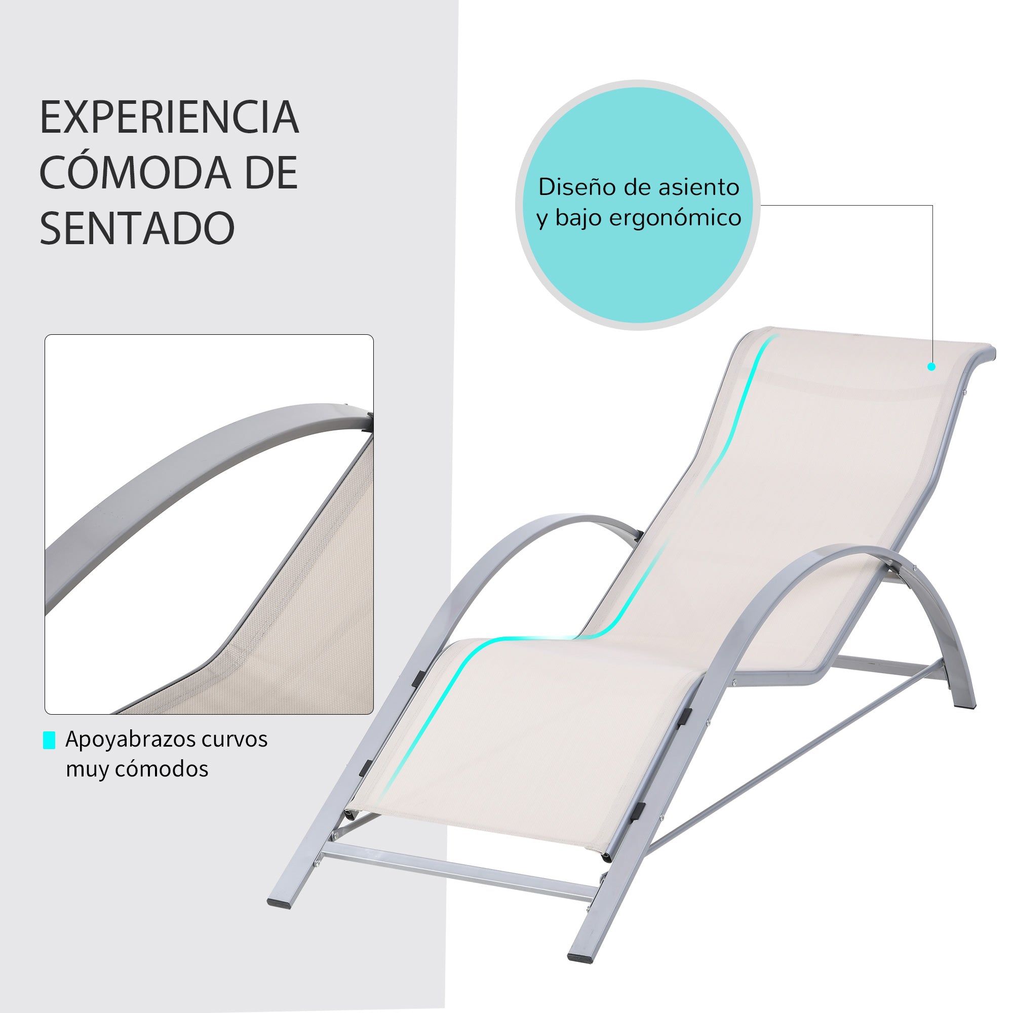 Set of 2 Garden Loungers with Tempered Glass Side Table Loungers with Backrest Armrests for Outdoor Patio Poolside Beige