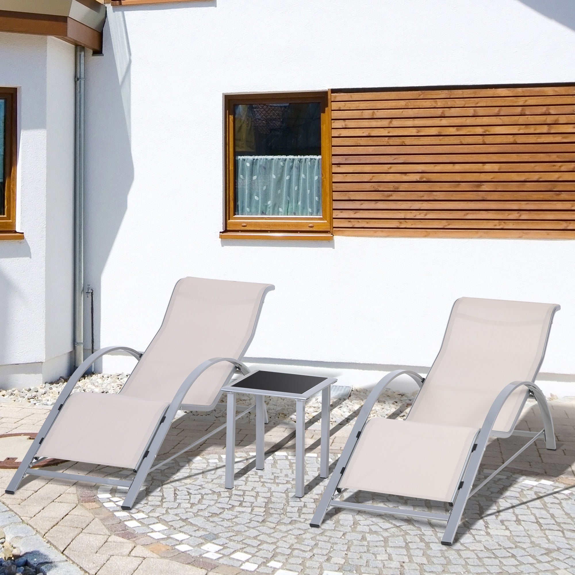 Set of 2 Garden Loungers with Tempered Glass Side Table Loungers with Backrest Armrests for Outdoor Patio Poolside Beige
