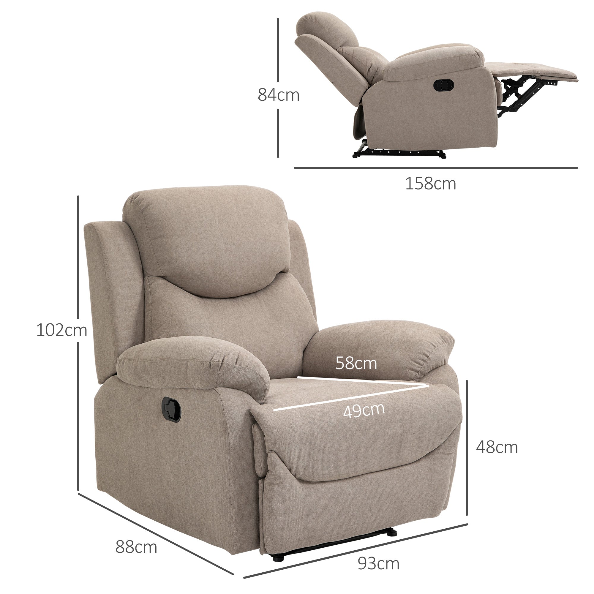 Relax Armchair Single Sofa 150° Reclining TV Armchair Recliner TV Chair with Sleeper Function for Living Room Linen Beige 93 x 88 x 102 cm