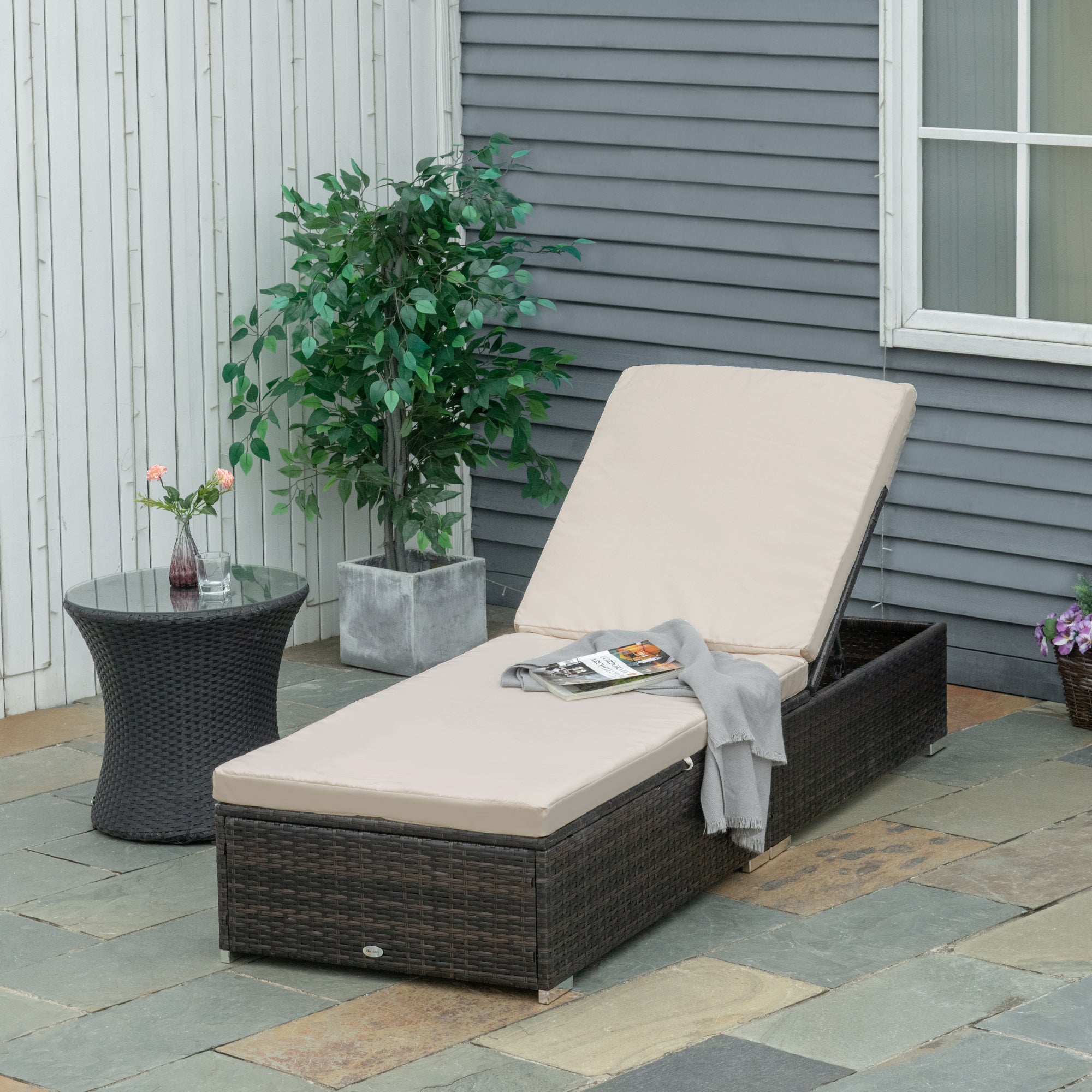 Rattan PE Sun Lounger with 5-Position Reclining Backrest, Garden Lounger with Removable Cushions, Brown