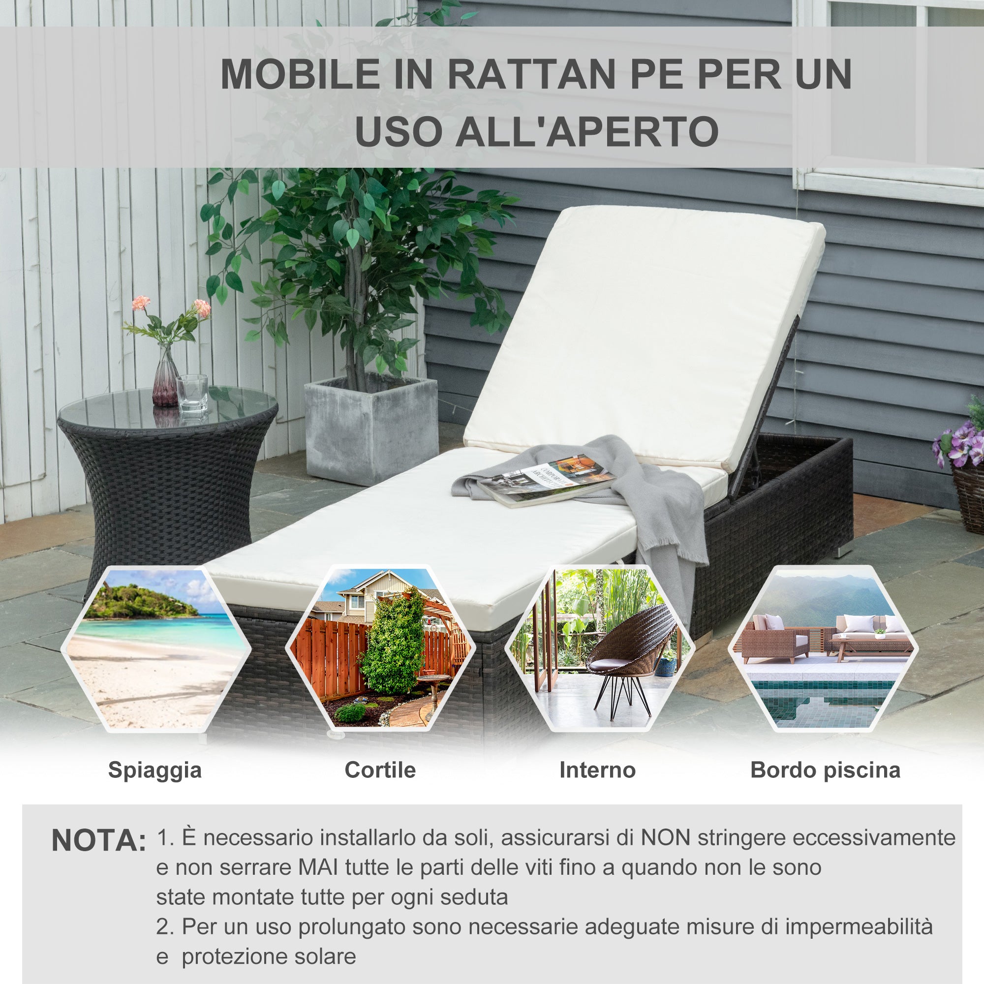 Rattan PE Sun Lounger with 5-Position Reclining Backrest, Garden Lounger with Removable Cushions, Brown