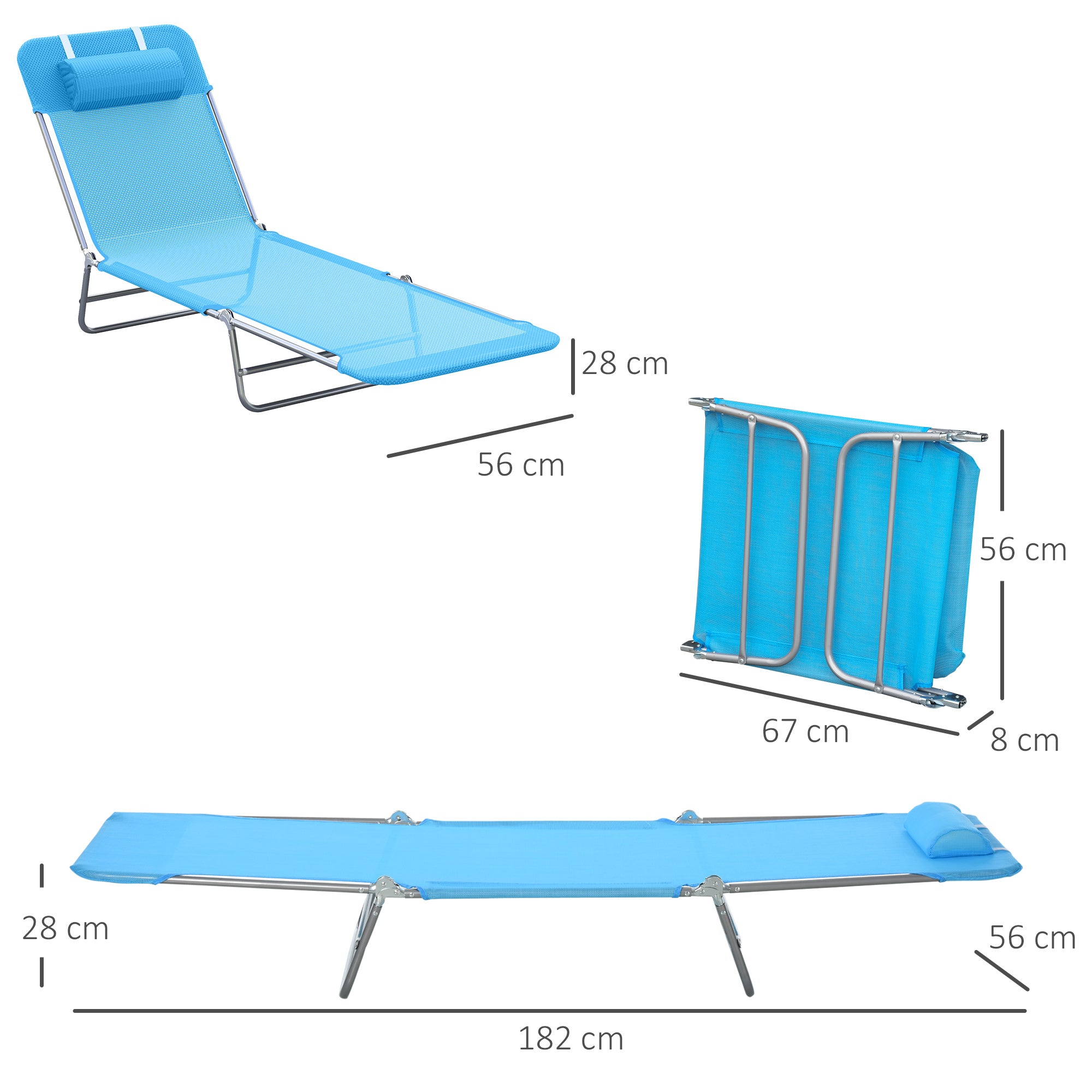 Folding Sun Lounger with Reclining Backrest and Cushion, Garden, Beach and Camping Lounger, Blue