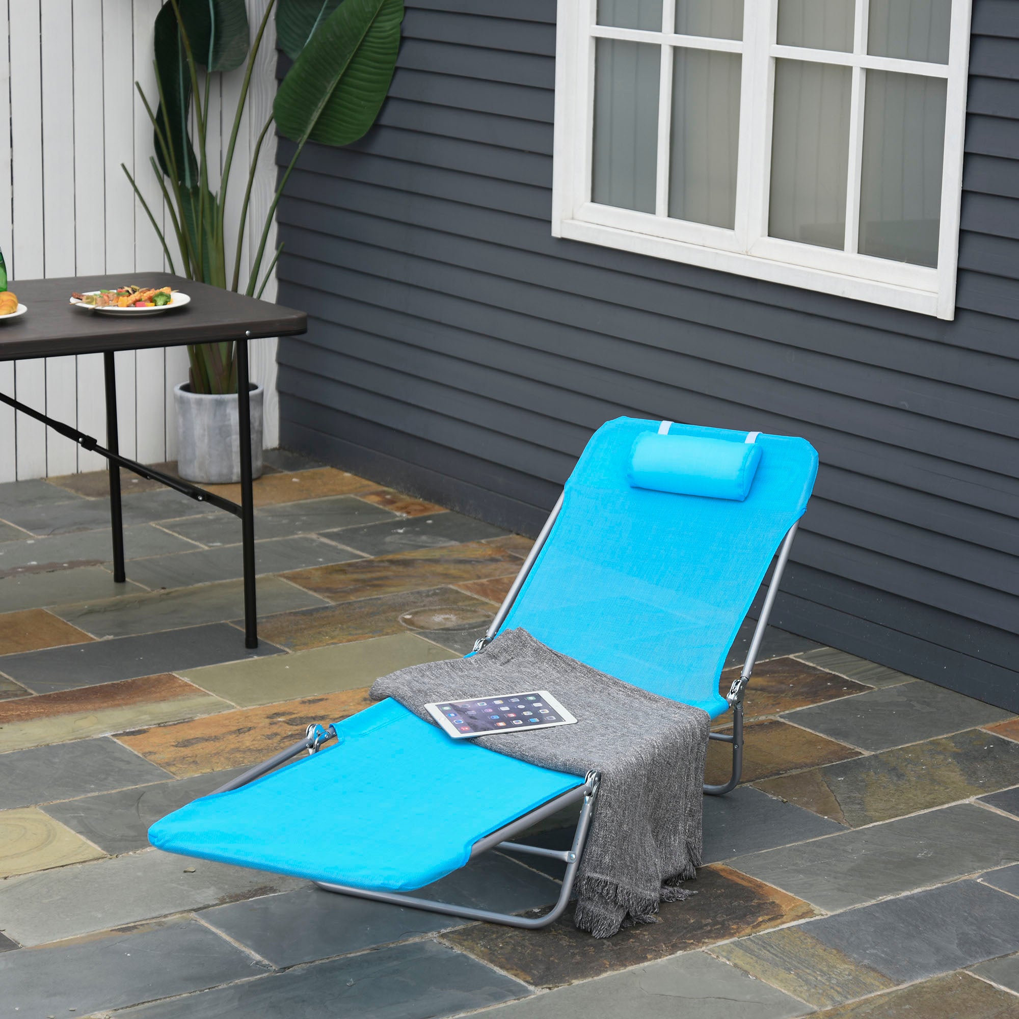 Folding Sun Lounger with Reclining Backrest and Cushion, Garden, Beach and Camping Lounger, Blue