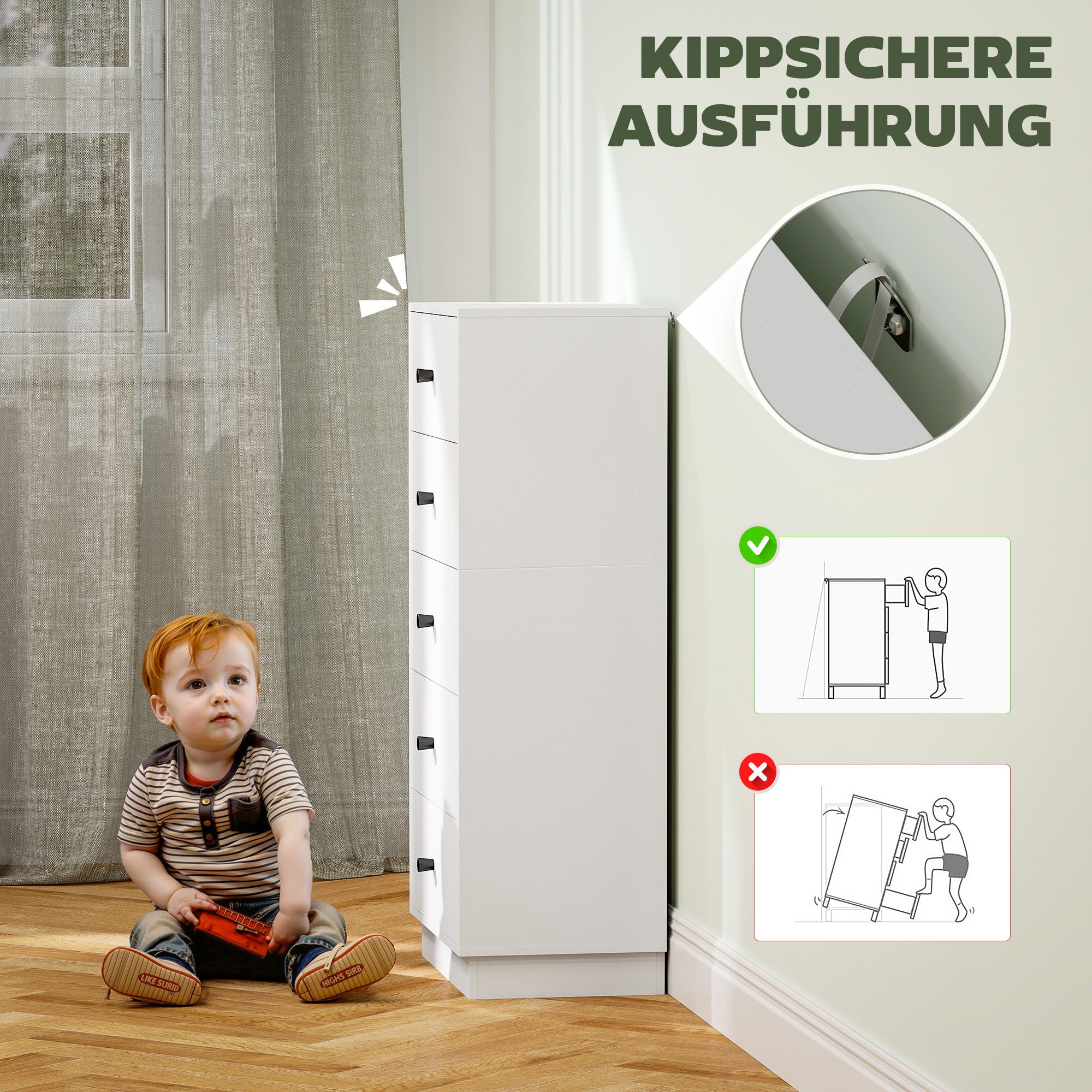 Chest of Drawers Sideboard with 5 Drawers Cabinet made of Wood Material Storage Cabinet in Modern Style Drawer Cabinet for Living Room Bedroom Hallway 47 x 29 x 95 cm White