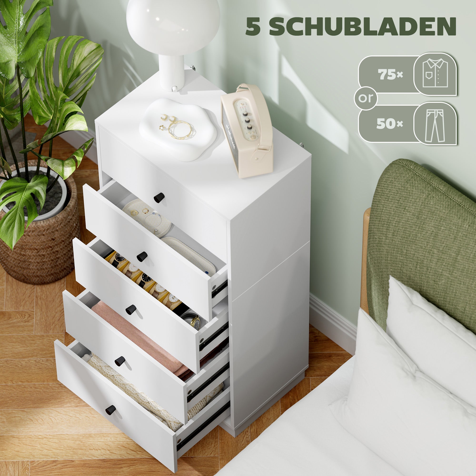 Chest of Drawers Sideboard with 5 Drawers Cabinet made of Wood Material Storage Cabinet in Modern Style Drawer Cabinet for Living Room Bedroom Hallway 47 x 29 x 95 cm White