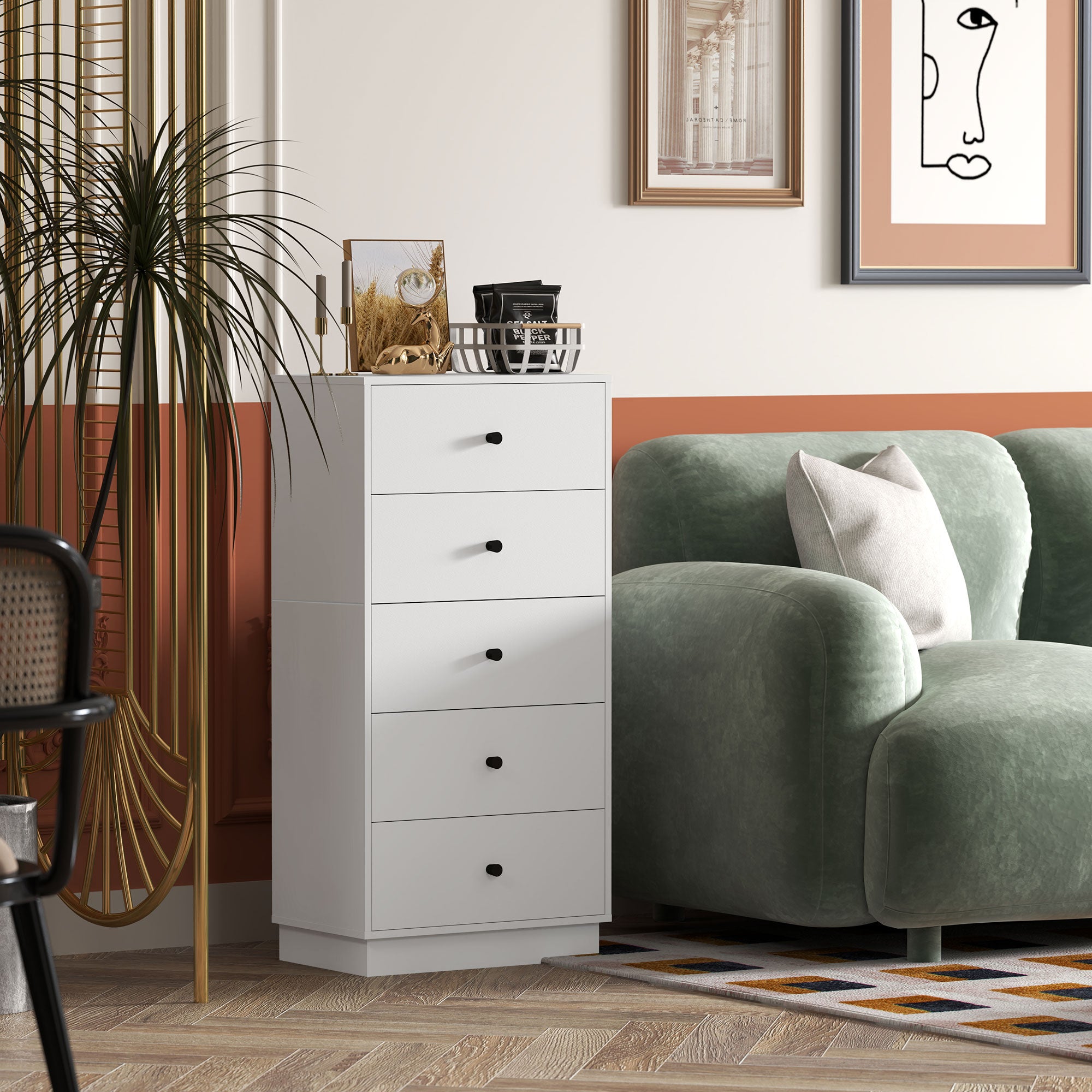 Chest of Drawers Sideboard with 5 Drawers Cabinet made of Wood Material Storage Cabinet in Modern Style Drawer Cabinet for Living Room Bedroom Hallway 47 x 29 x 95 cm White