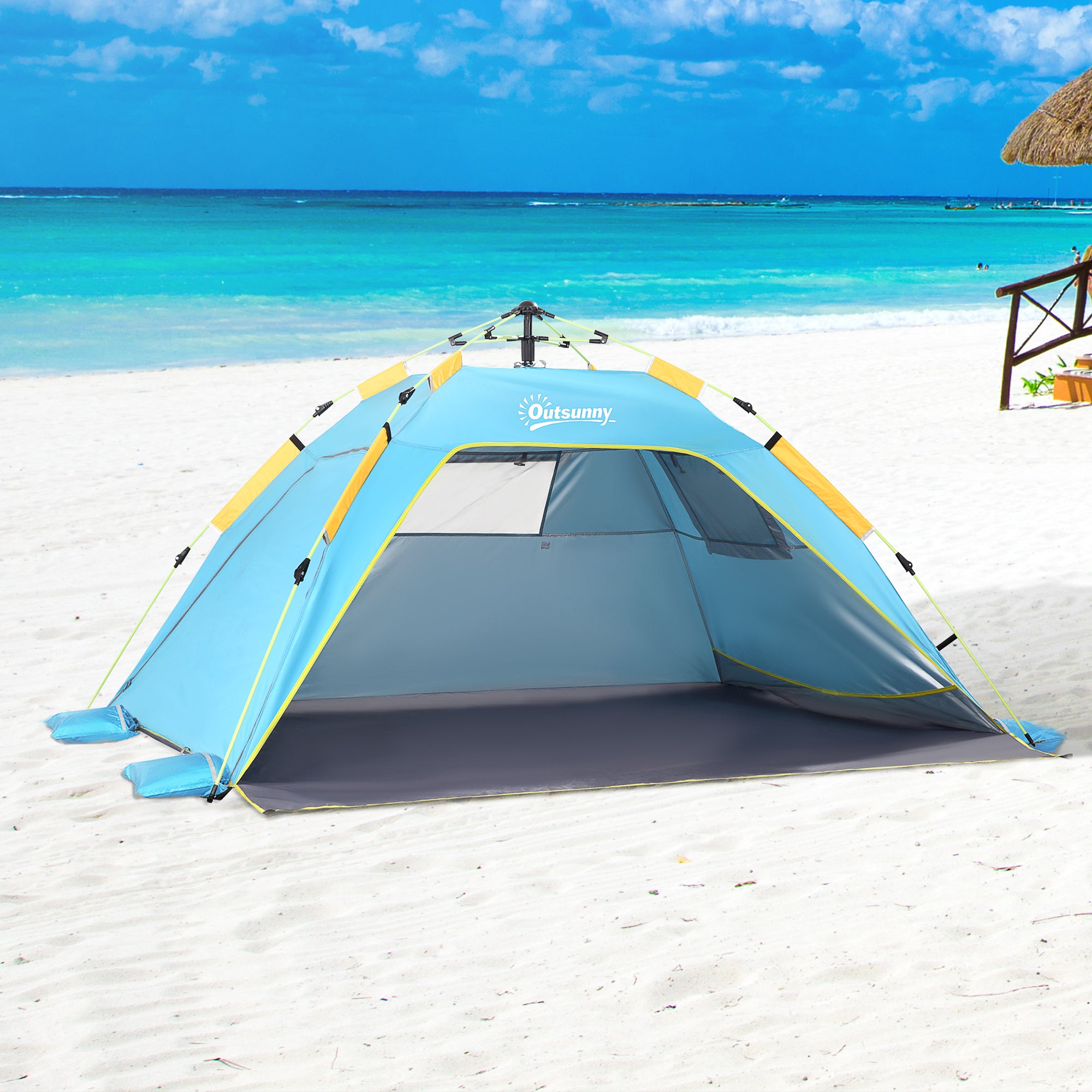 Beach Tent with Retractable Windows and Zipper Door, Instant Polyester and Fiberglass Tent, 220x173x120 cm, Light Blue and Yellow
