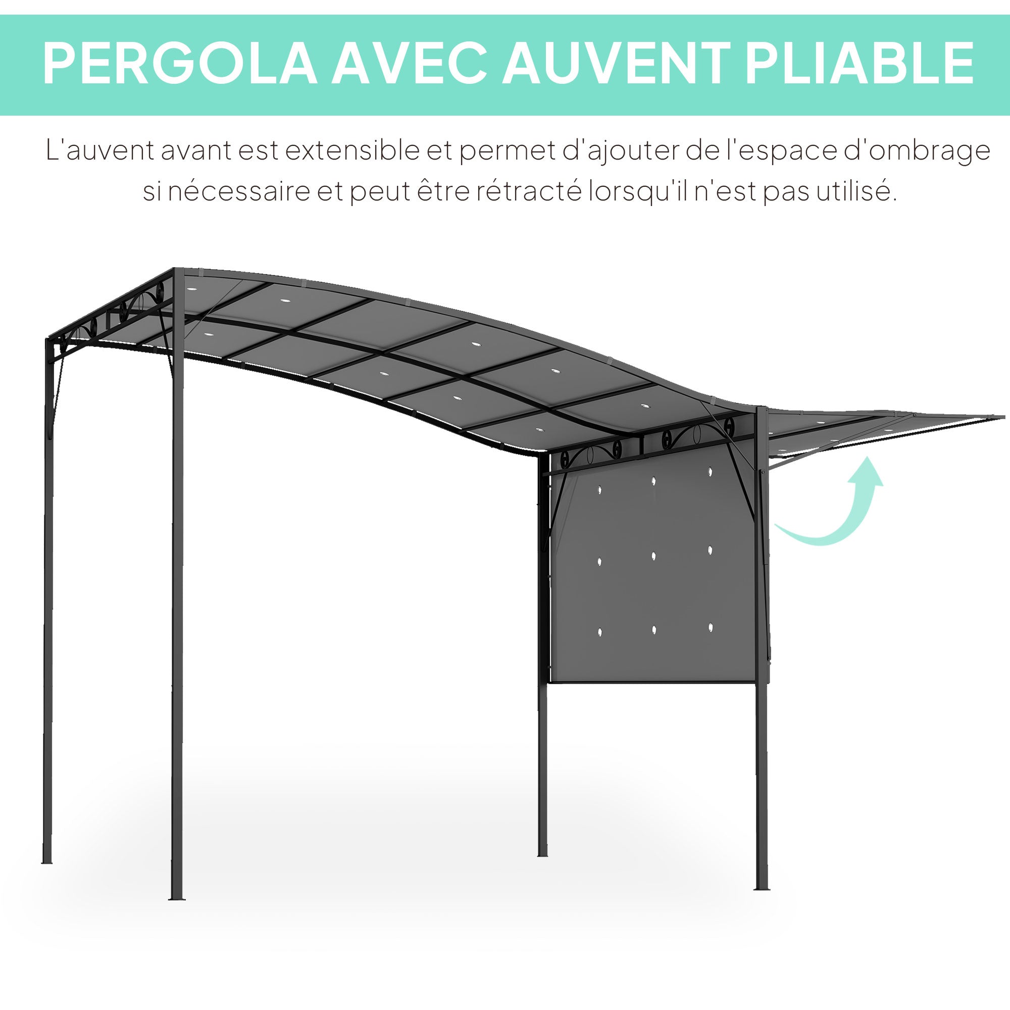 10' x 8' (3 x 2.5 m) Adjustable-Roof Garden Pergola — Steel Frame, Dark Gray Polyester Canopy