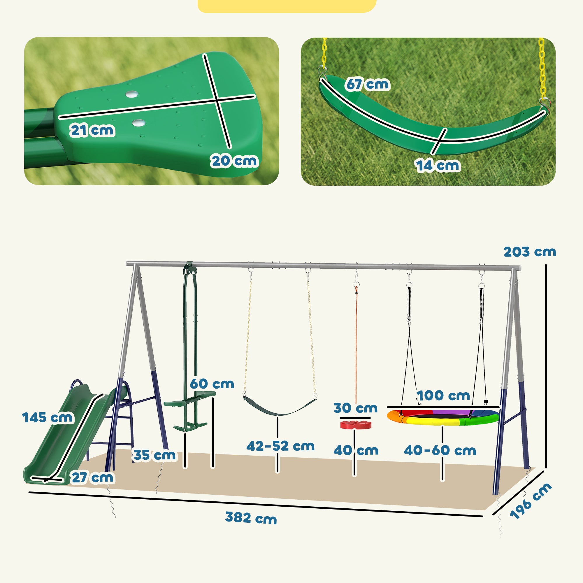 5-in-1 Kids Swing Set with Slide – Adjustable Seats, Nest & Strap Swings, Heavy-Duty A-Frame, Multicolor (For Ages 3–8)