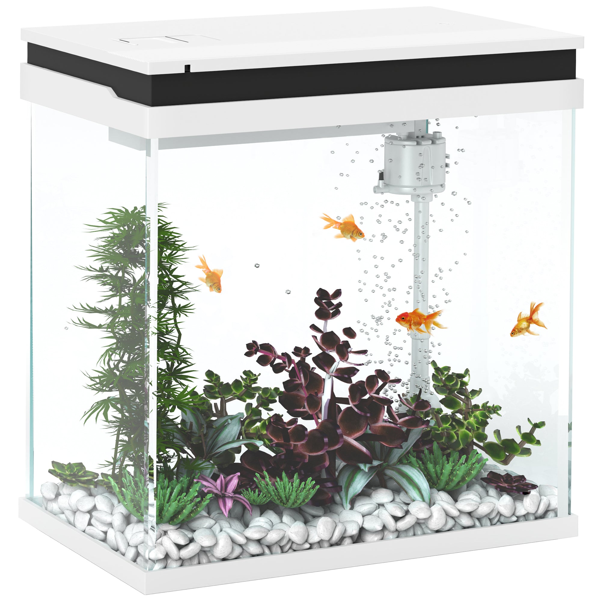 Small 14L complete glass aquarium with filtration system, LED lighting, water pump, lid, for tropical, goldfish, white fish
