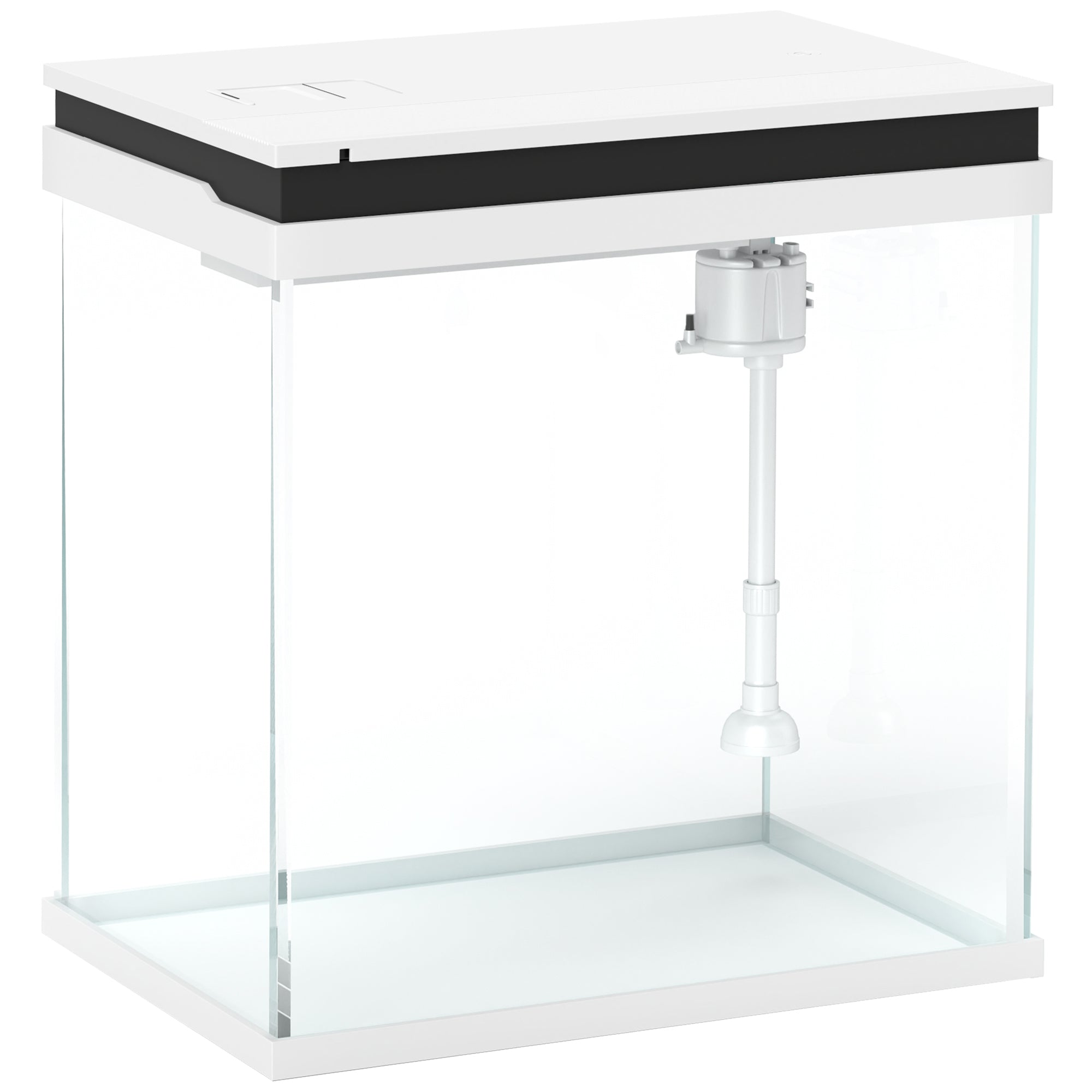 Small 14L complete glass aquarium with filtration system, LED lighting, water pump, lid, for tropical, goldfish, white fish