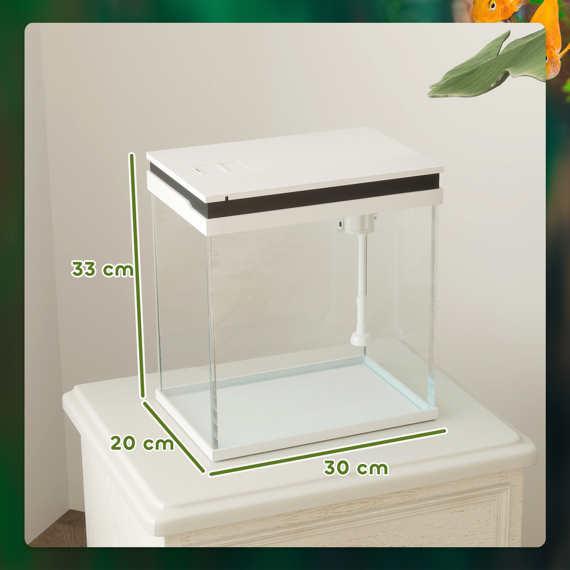 Small 14L complete glass aquarium with filtration system, LED lighting, water pump, lid, for tropical, goldfish, white fish