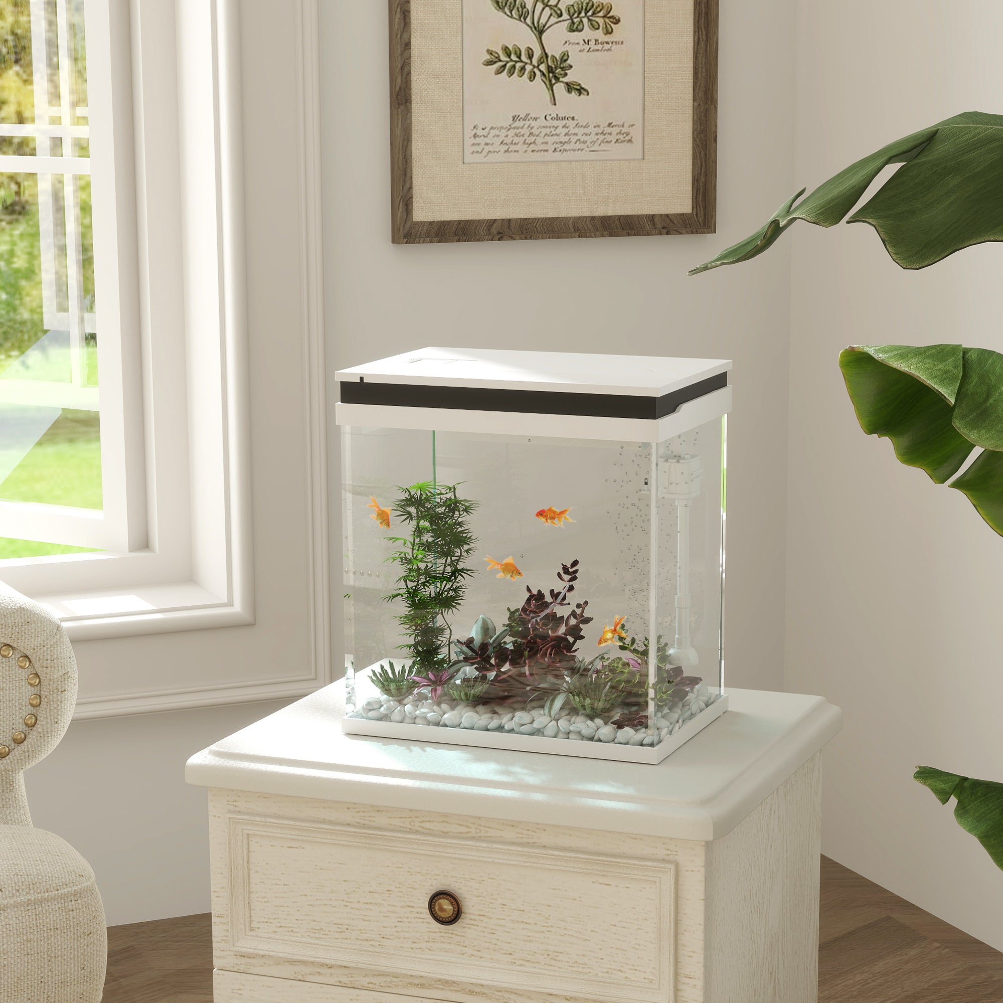 Small 14L complete glass aquarium with filtration system, LED lighting, water pump, lid, for tropical, goldfish, white fish