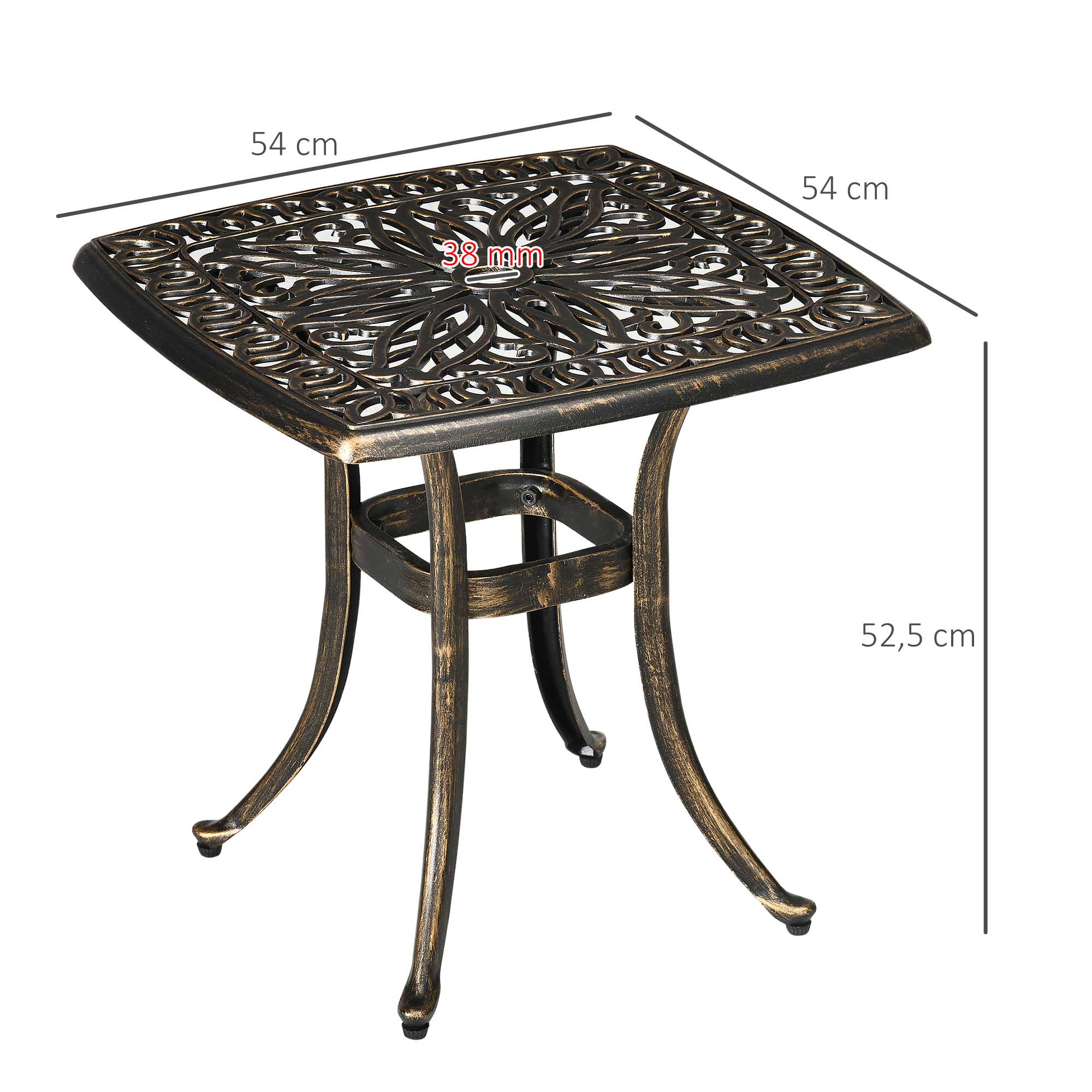 Patio Side Table with Umbrella Hole, Garden Table with Aluminum Frame, Coffee Table for Garden, Balcony, Bronze, 54 x 54 x 52.5 cm