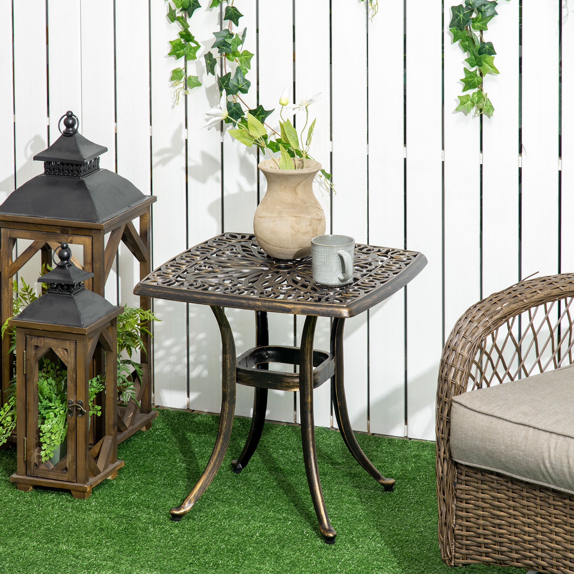 Patio Side Table with Umbrella Hole, Garden Table with Aluminum Frame, Coffee Table for Garden, Balcony, Bronze, 54 x 54 x 52.5 cm
