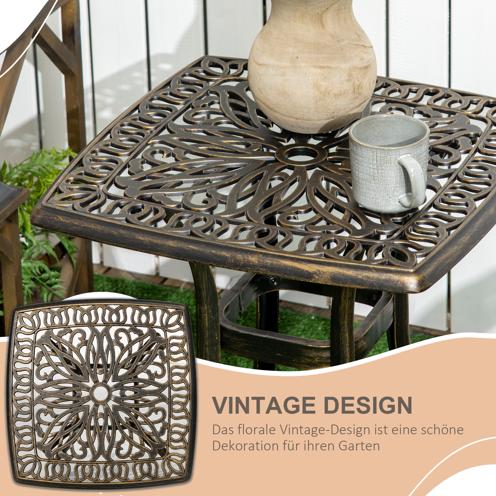 Patio Side Table with Umbrella Hole, Garden Table with Aluminum Frame, Coffee Table for Garden, Balcony, Bronze, 54 x 54 x 52.5 cm