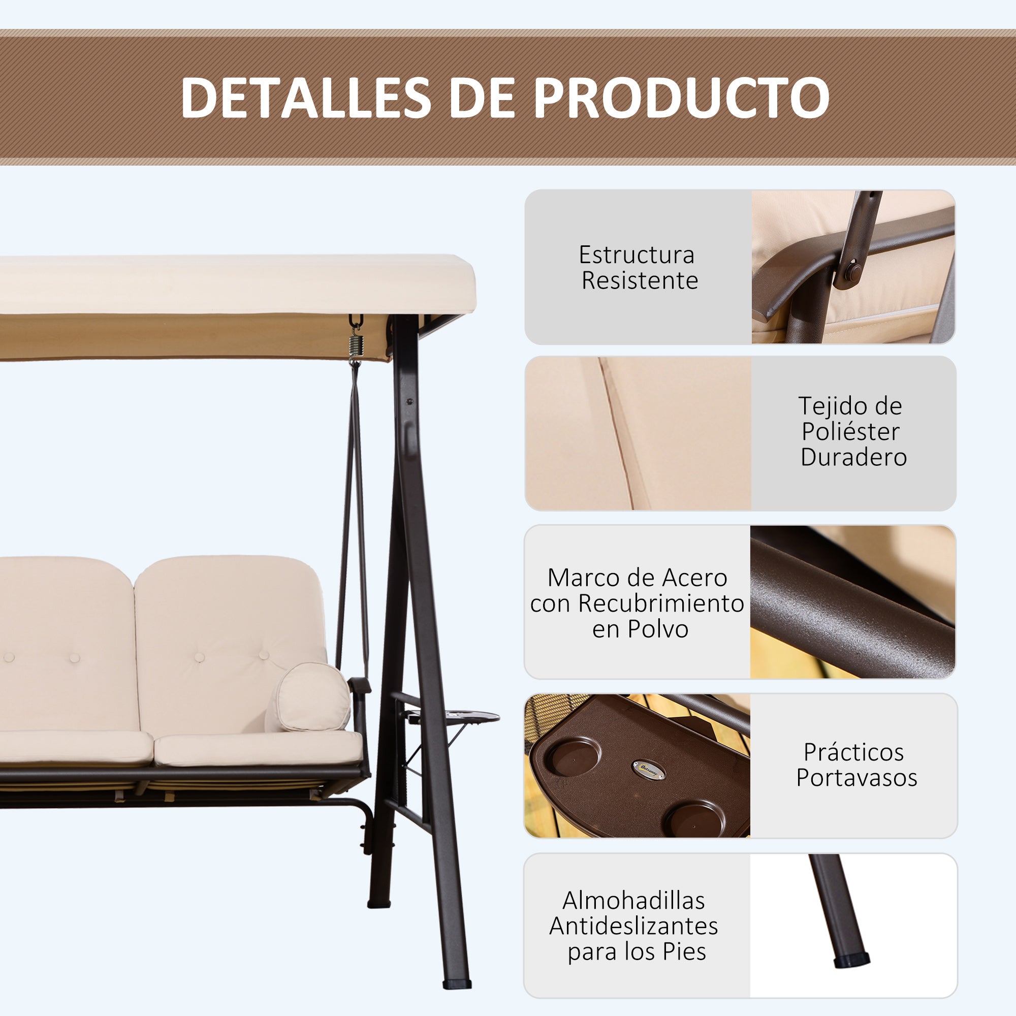 3-Seater Outdoor Garden Swing with Adjustable Canopy, Side Trays, 2 Pillows, and Metal Frame 360 kg 208x121x172 cm Beige