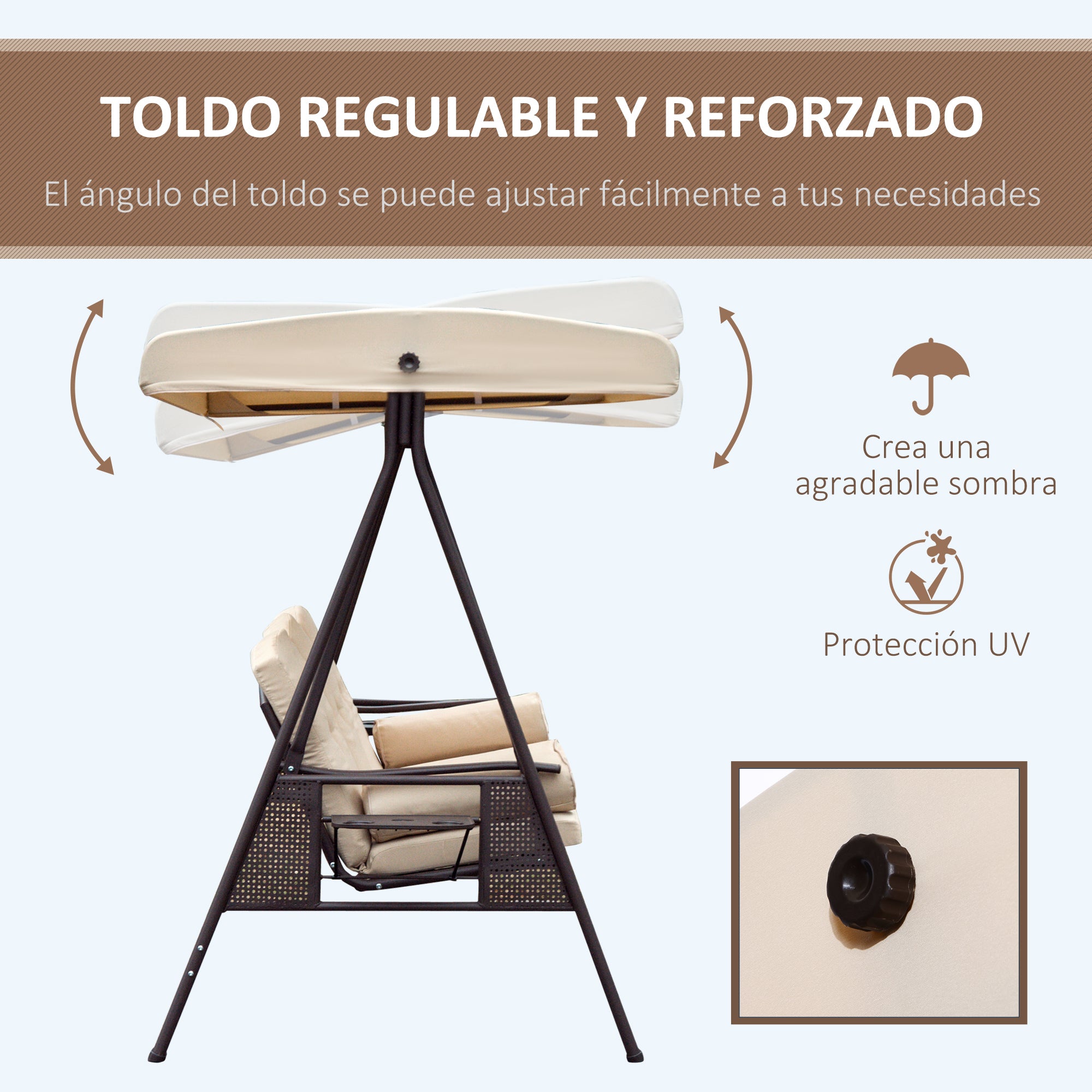 3-Seater Outdoor Garden Swing with Adjustable Canopy, Side Trays, 2 Pillows, and Metal Frame 360 kg 208x121x172 cm Beige