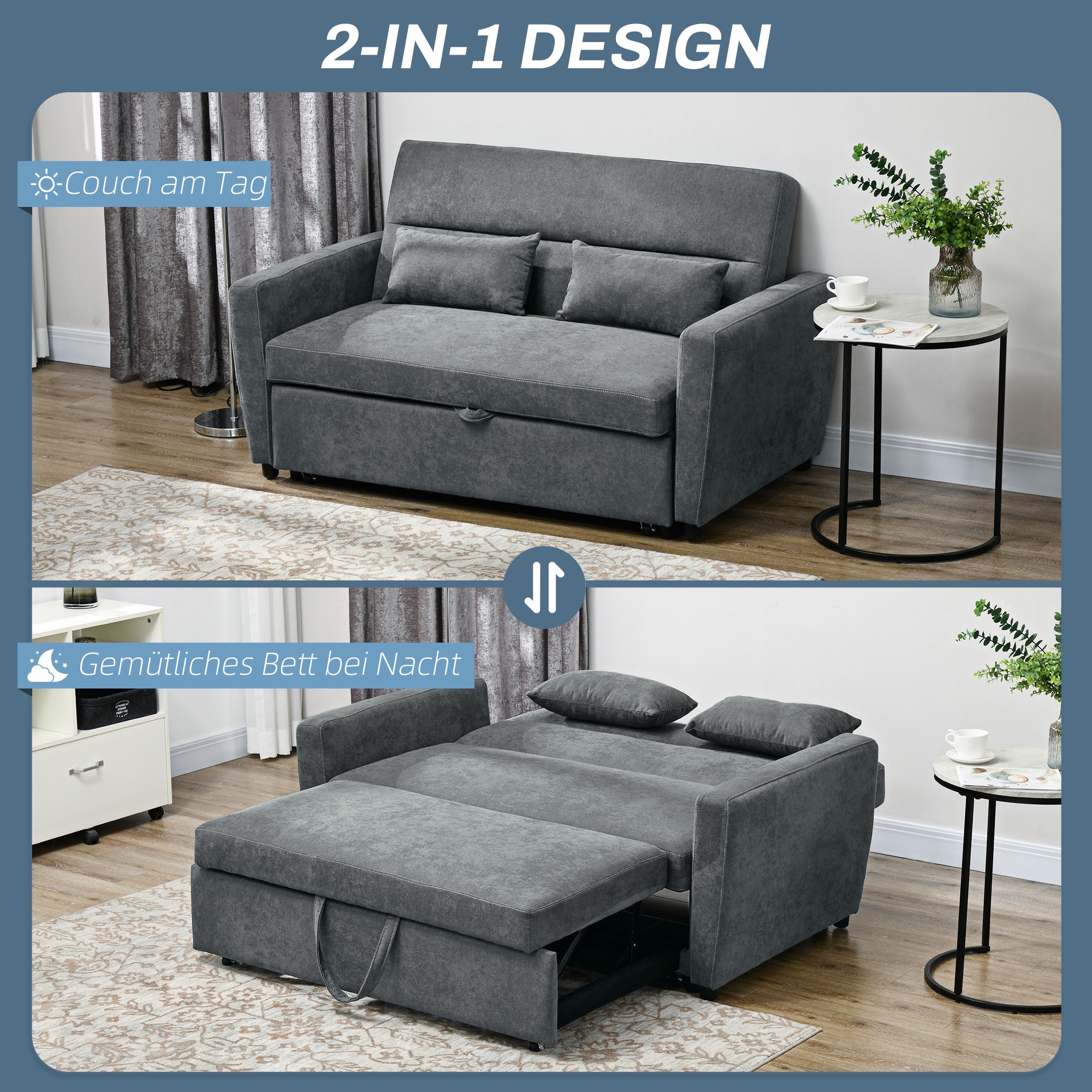 Sleeper Sofa, 2-Seater Sofa with Sleeping Function, Adjustable Backrest, Couch with Pillows, Velvet Look, Sofa Bed for Living Room, Guest Room, Dark Grey