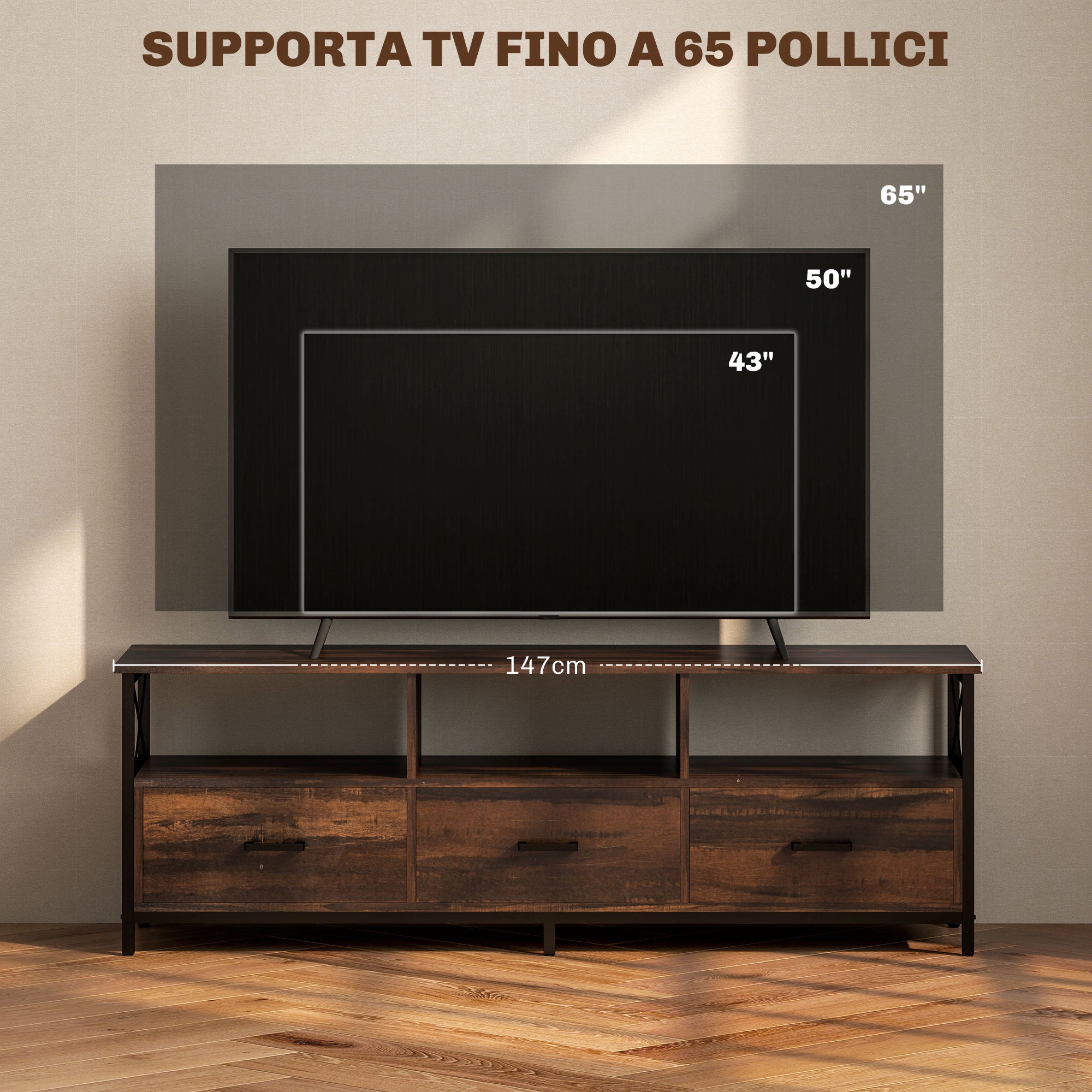 Industrial Style 65" TV Stand with 3 Drawers and 3 Open Shelves, Wooden and Metal TV Cabinet, 147x40x50 cm, Black and Rustic Brown