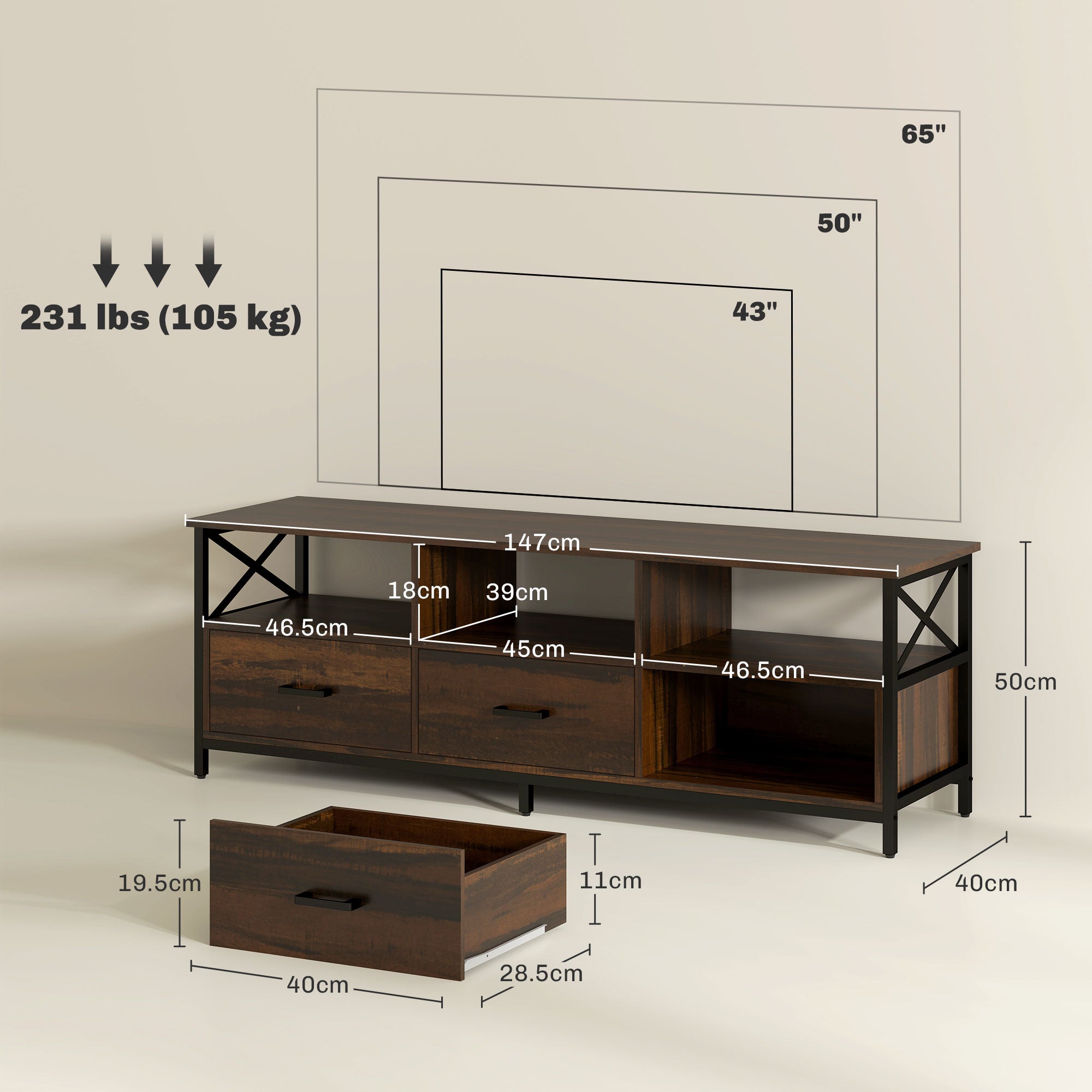 Industrial Style 65" TV Stand with 3 Drawers and 3 Open Shelves, Wooden and Metal TV Cabinet, 147x40x50 cm, Black and Rustic Brown