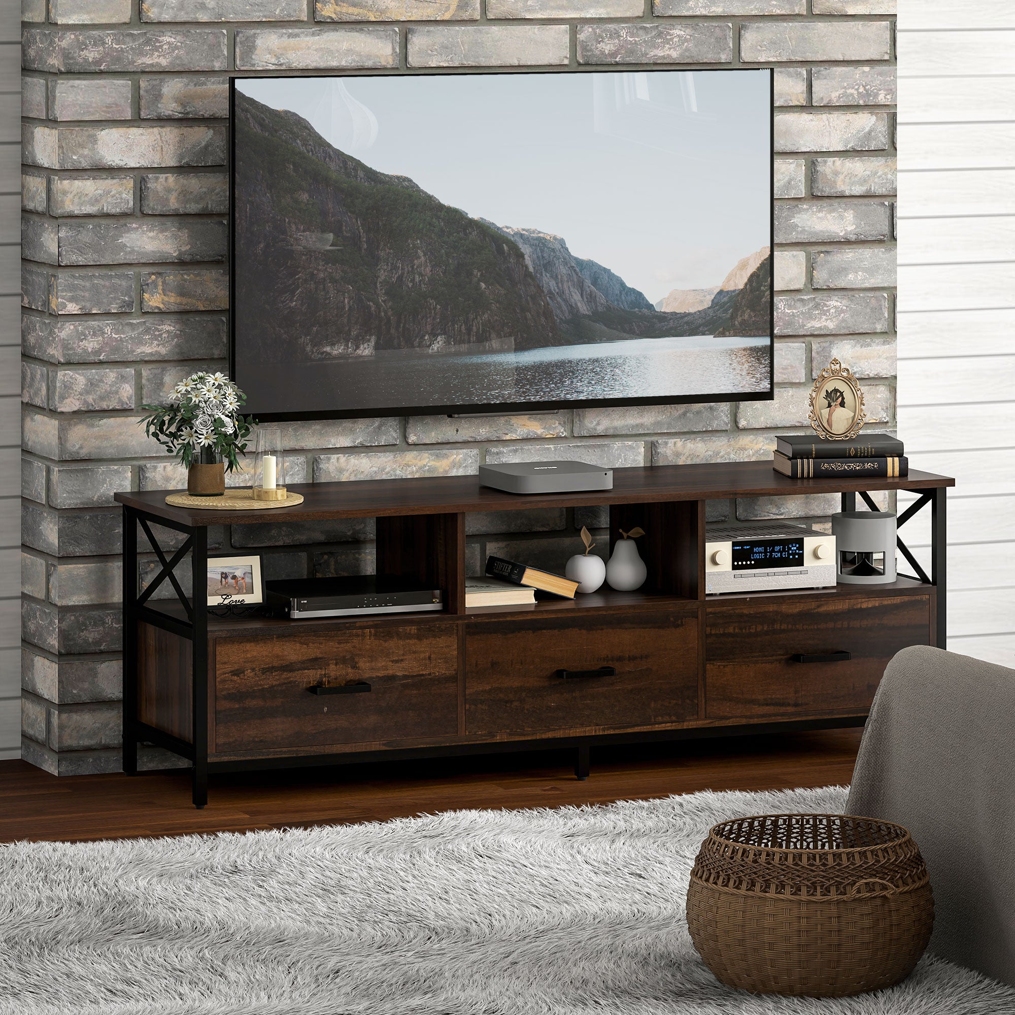 Industrial Style 65" TV Stand with 3 Drawers and 3 Open Shelves, Wooden and Metal TV Cabinet, 147x40x50 cm, Black and Rustic Brown