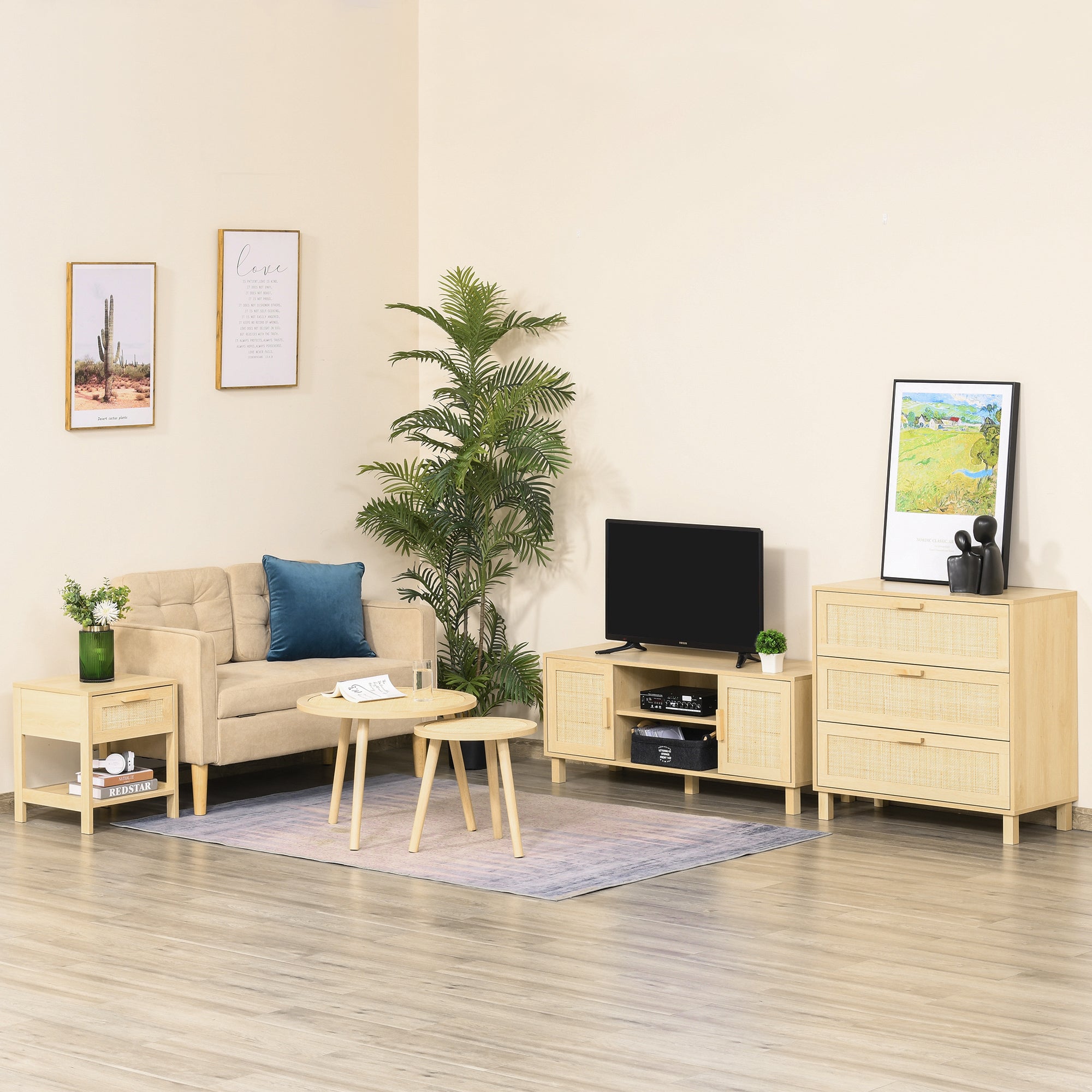 TV Stand TV Bench 2 Compartments 2 Cabinets Rattan Door 115L x 40W x 48H cm MDF Light Wood Finish