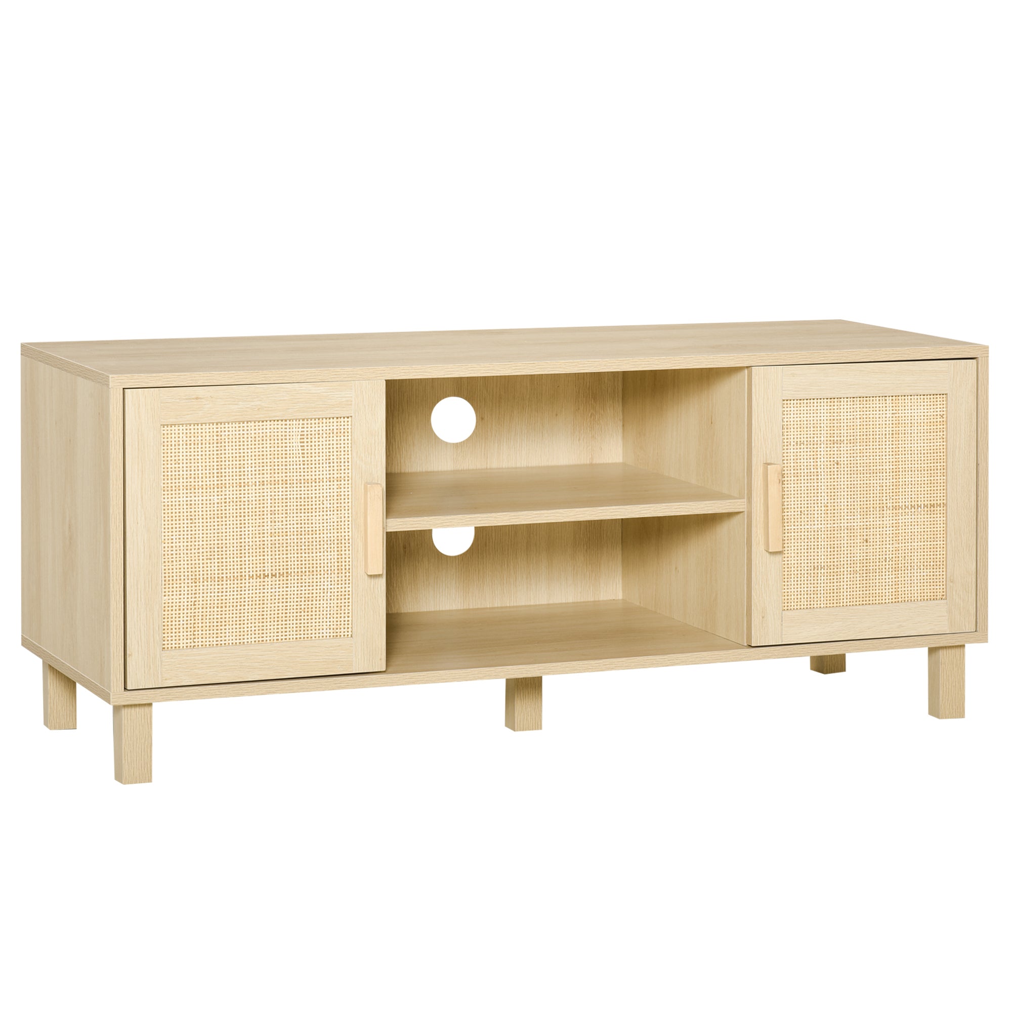 TV Stand TV Bench 2 Compartments 2 Cabinets Rattan Door 115L x 40W x 48H cm MDF Light Wood Finish