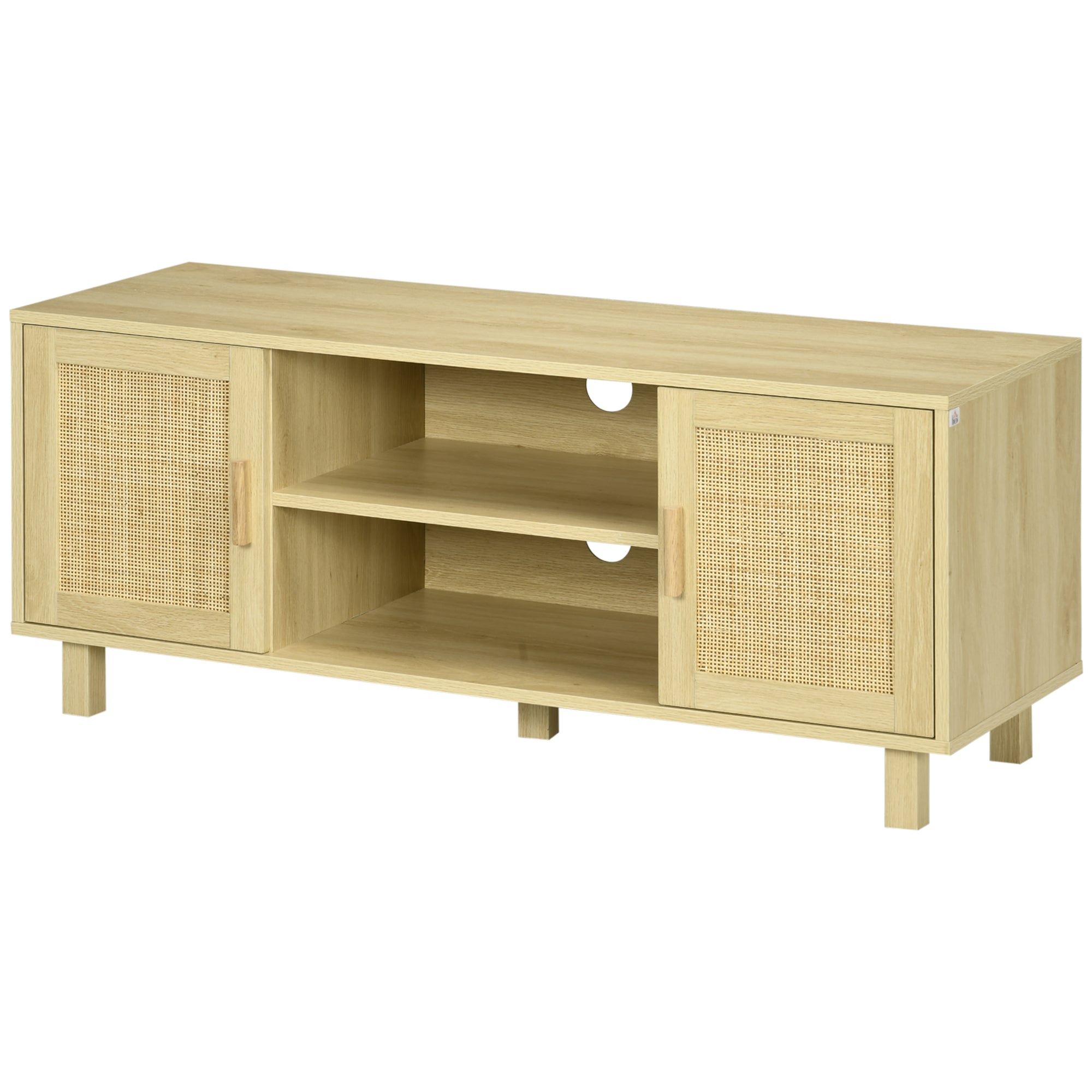 TV Stand TV Bench 2 Compartments 2 Cabinets Rattan Door 115L x 40W x 48H cm MDF Light Wood Finish
