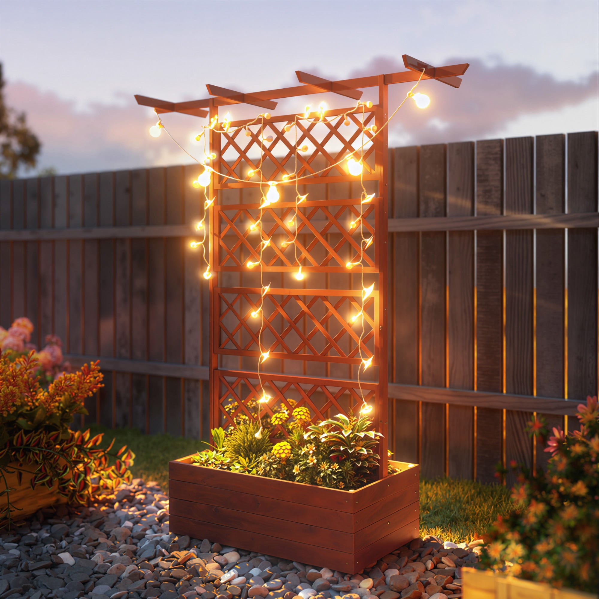 Pine Raised Planter with Trellis & Roof, Raised Garden Bed for Climbers, Balcony & Garden, 63 × 21.7 × 72 in (160 × 55 × 183 cm) - Orange