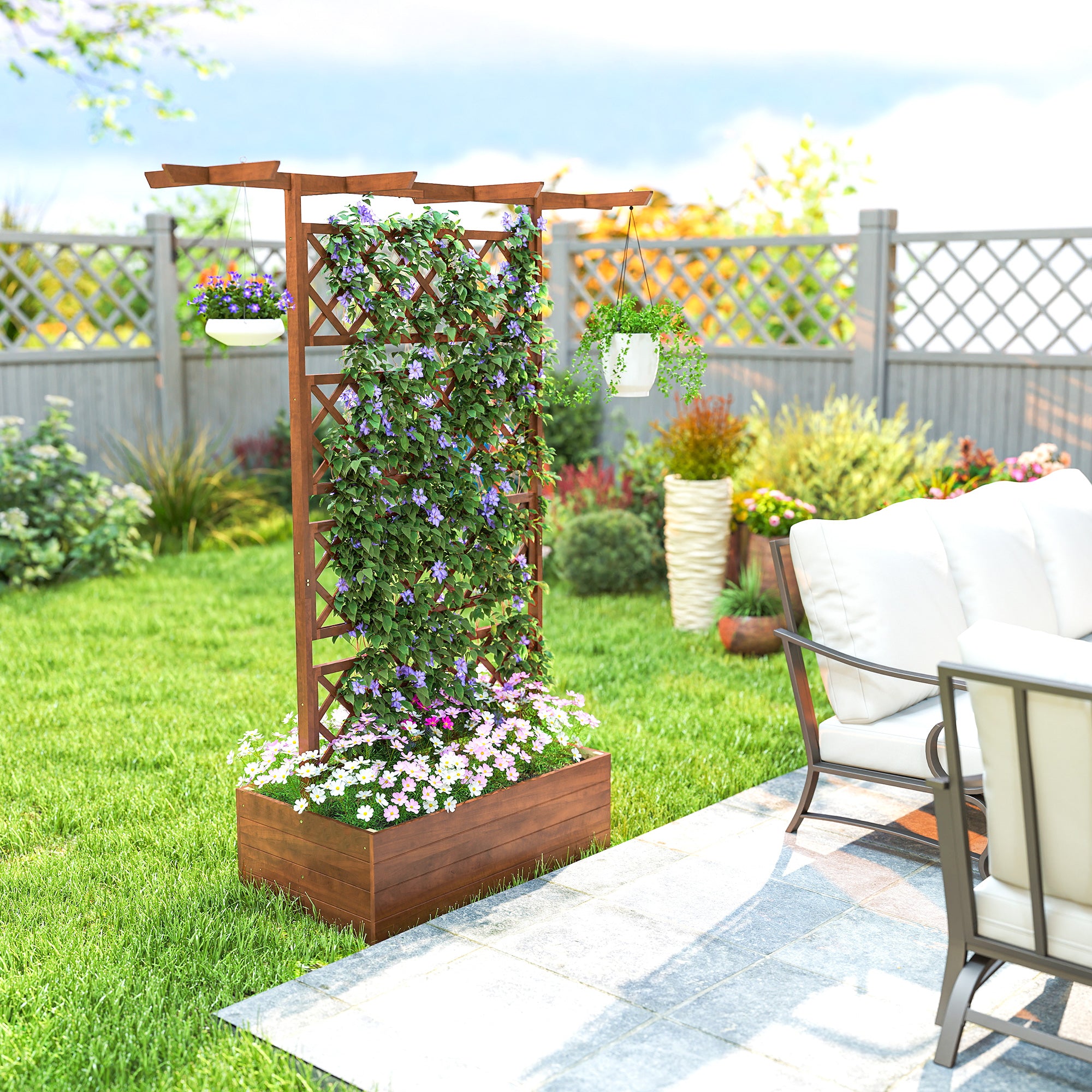 Pine Raised Planter with Trellis & Roof, Raised Garden Bed for Climbers, Balcony & Garden, 63 × 21.7 × 72 in (160 × 55 × 183 cm) - Orange