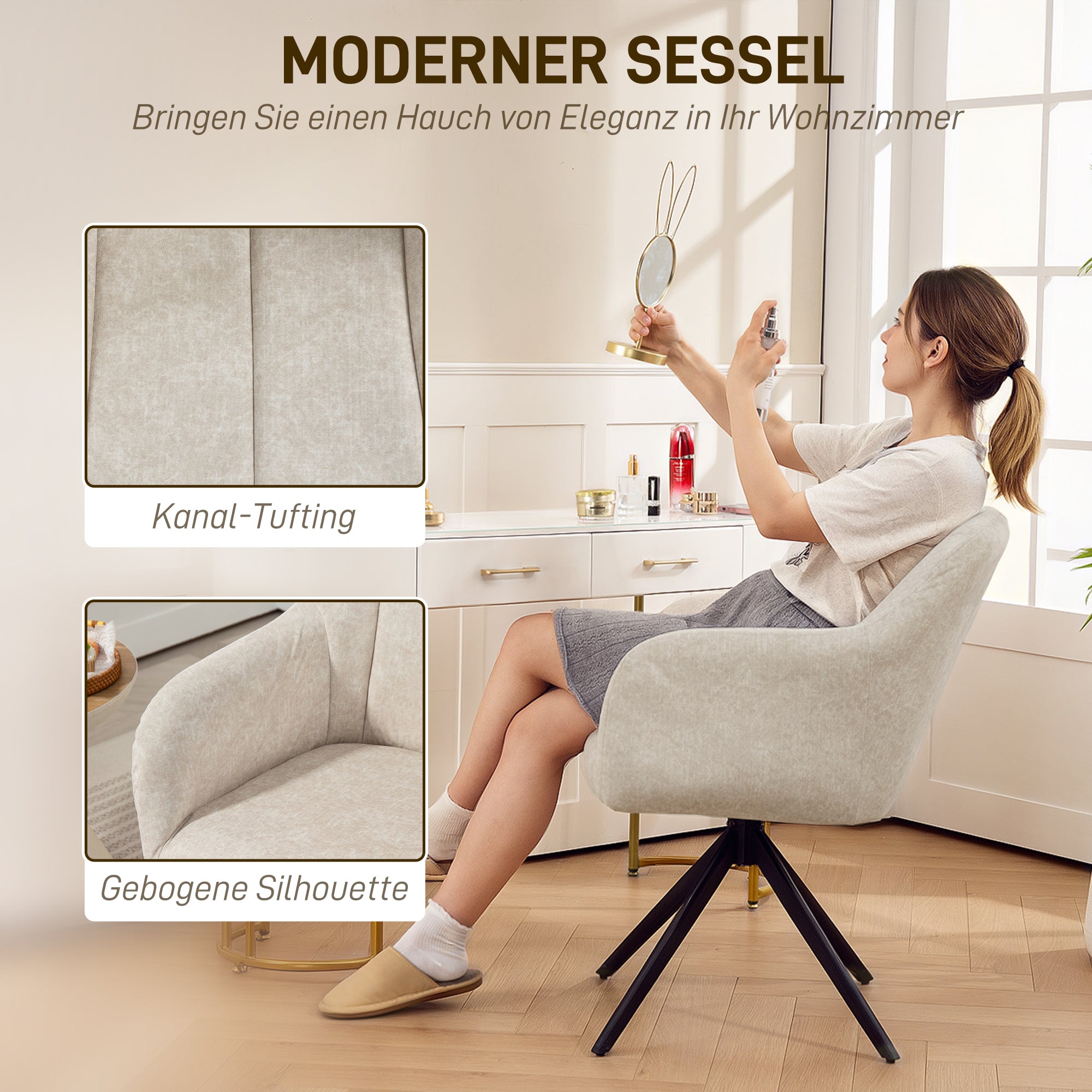 Chair Living Room Swivel Lounge Chair Tufted Upholstered Recliner with Steel Legs, Velvet-Look Upholstered Dining Chair Makeup Chair for Bedroom Beige