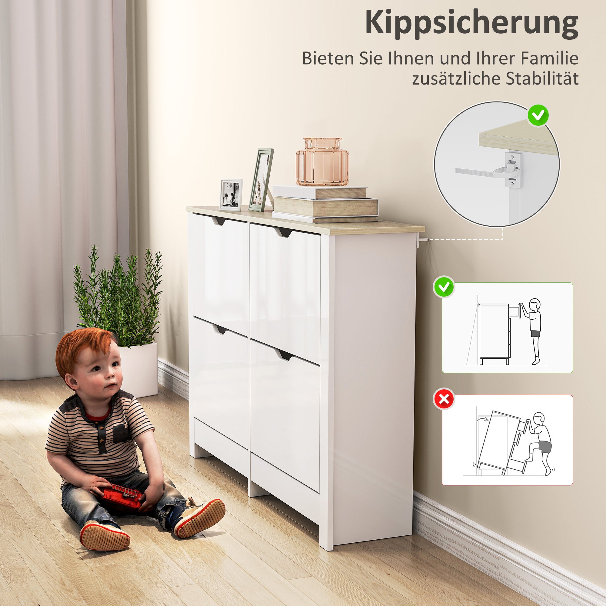 Slim Shoe Cabinet with 4 Flip Doors – Space-Saving Shoe Rack for Up to 16 Pairs, 105 x 26 x 80 cm (White/Natural)