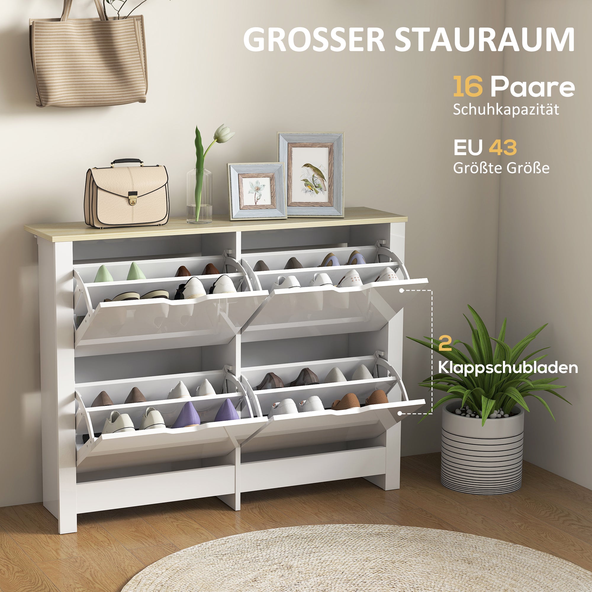 Slim Shoe Cabinet with 4 Flip Doors – Space-Saving Shoe Rack for Up to 16 Pairs, 105 x 26 x 80 cm (White/Natural)