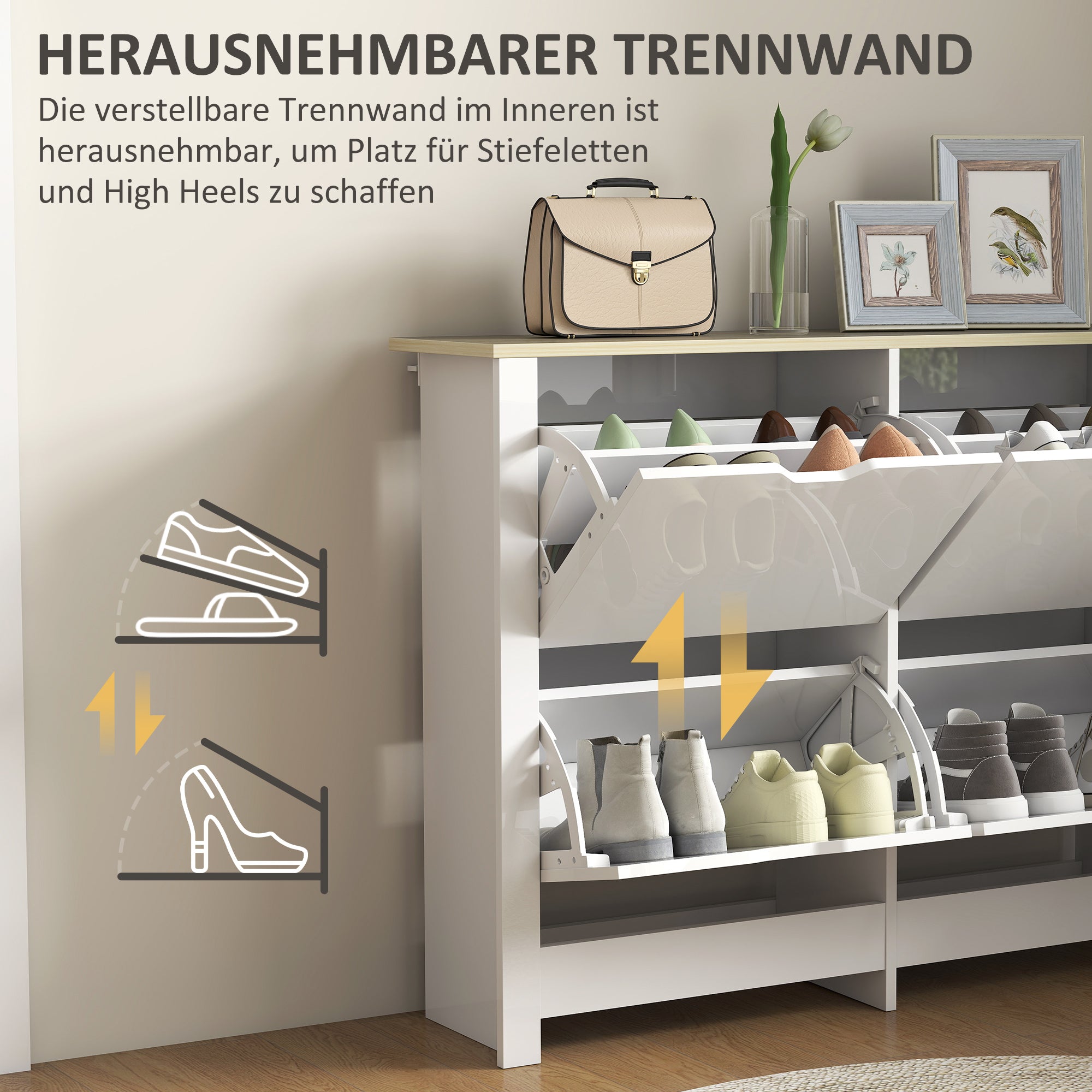 Slim Shoe Cabinet with 4 Flip Doors – Space-Saving Shoe Rack for Up to 16 Pairs, 105 x 26 x 80 cm (White/Natural)