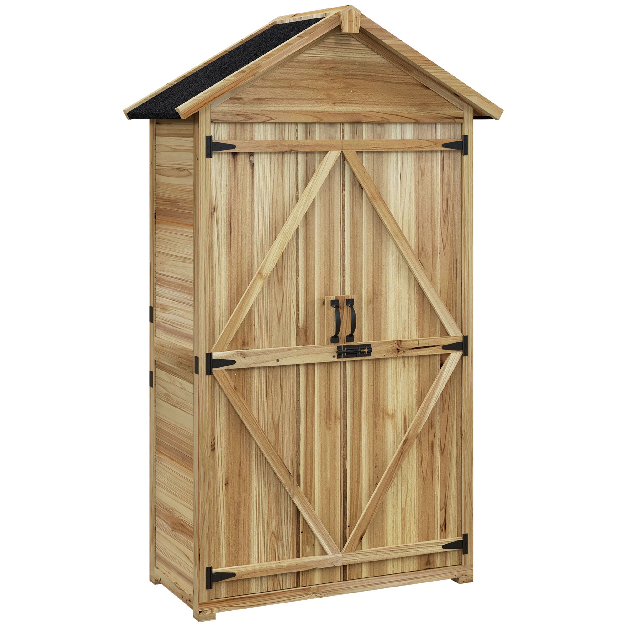 Fir Wood Garden Shed 1x1.8 m with 3 Removable Shelves, Sloping Roof and Latch, Garden Tool Shed with Adjustable Feet, Wood Color